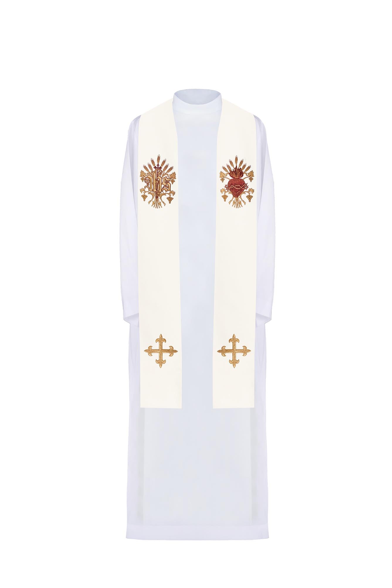 Ecru embroidered stole with a cross, IHS, and the heart of Jesus Christ