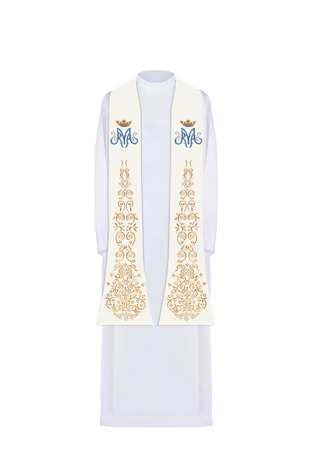 Embroidered priestly stole with Marian motif and crown in ecru - HAFTINAUSA.COM