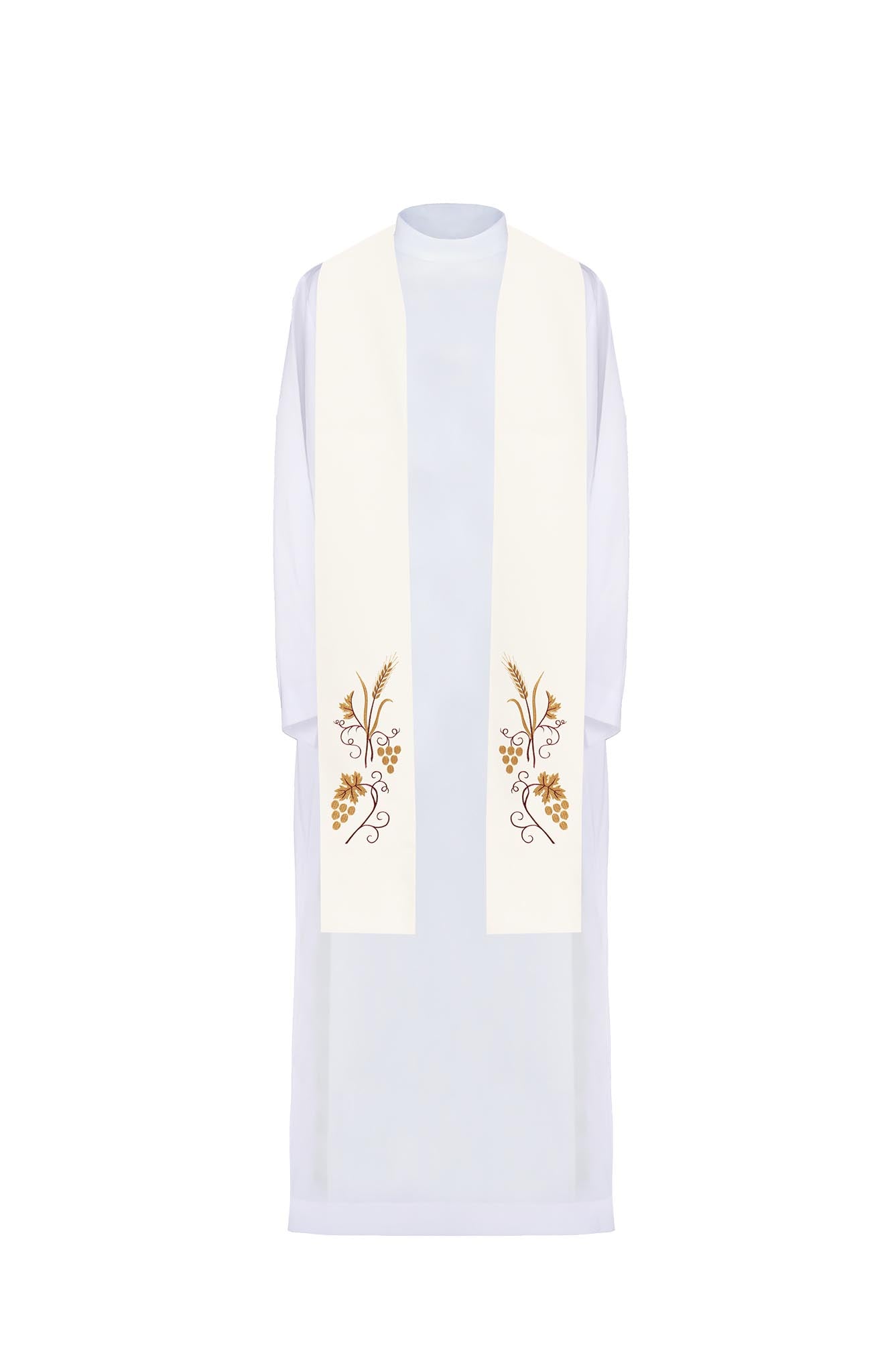 Priestly stole with grape and wheat embroidery in ecru