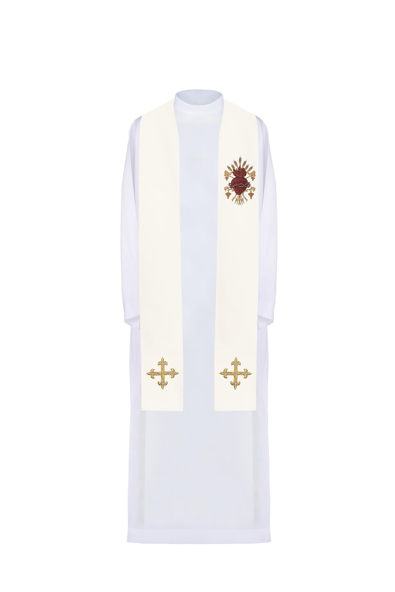 Ecru embroidered stole with the Sacred Heart of Jesus