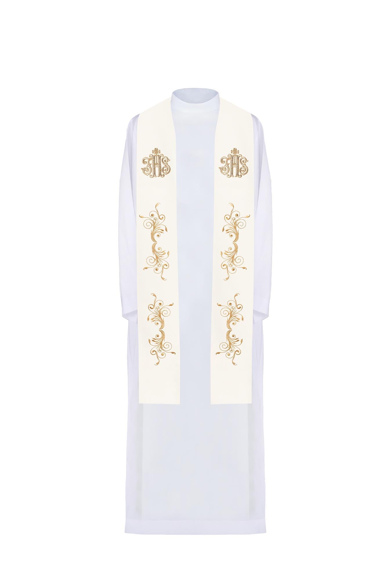 Ecru embroidered stole with IHS - HAFTINAUSA.COM