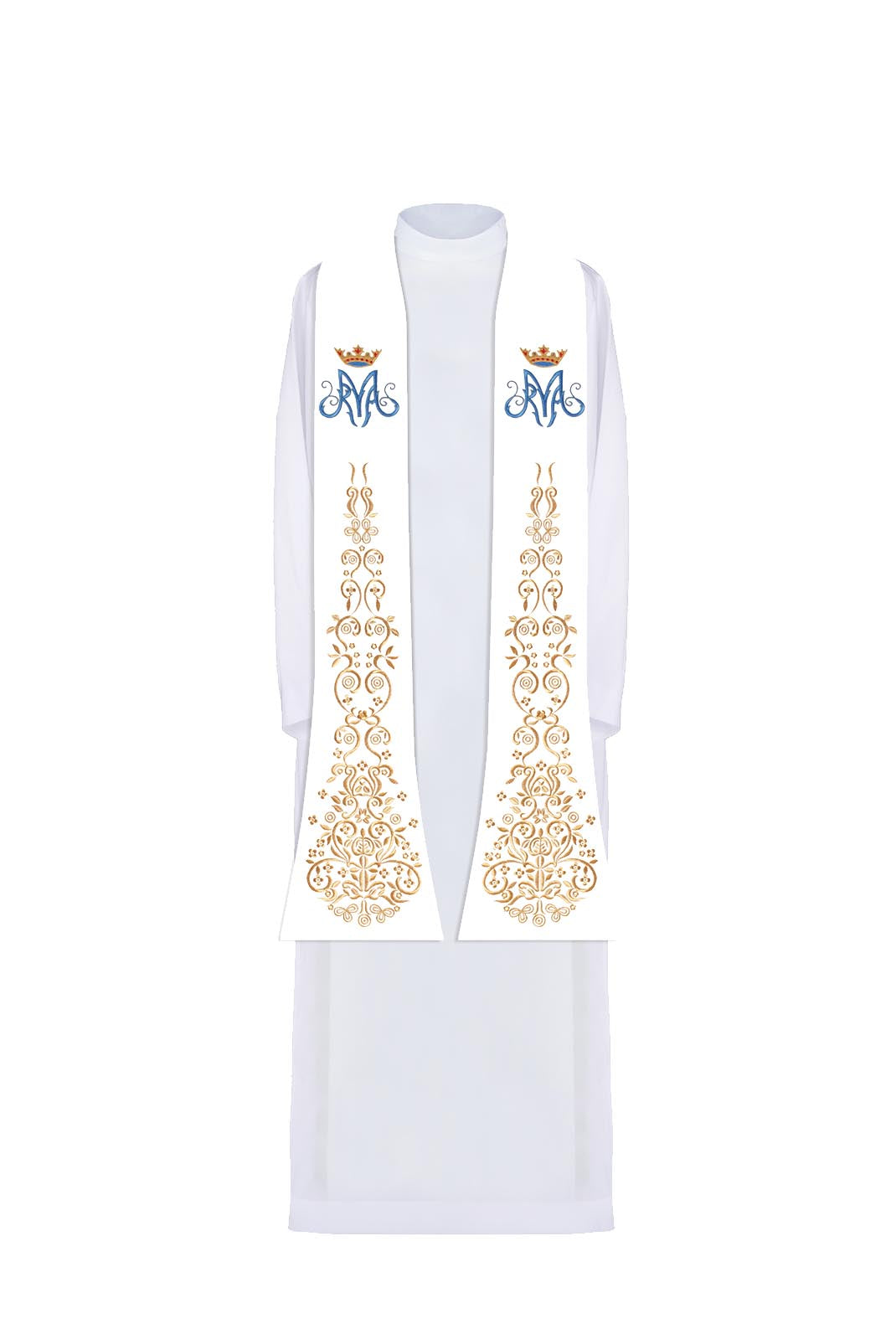 White embroidered priestly stole with Marian motif and crown