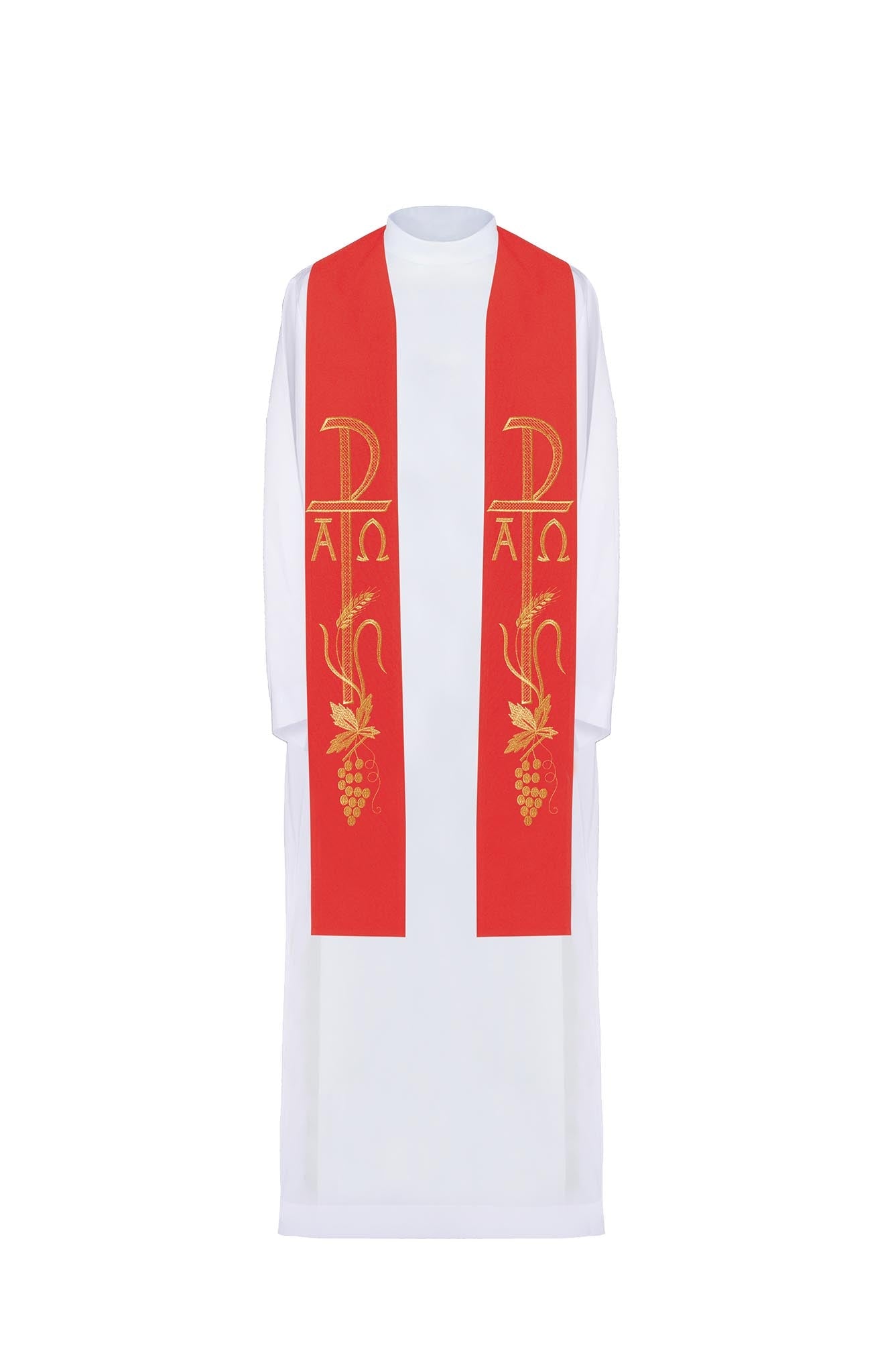 Red priestly stole embroidered with Alpha and Omega