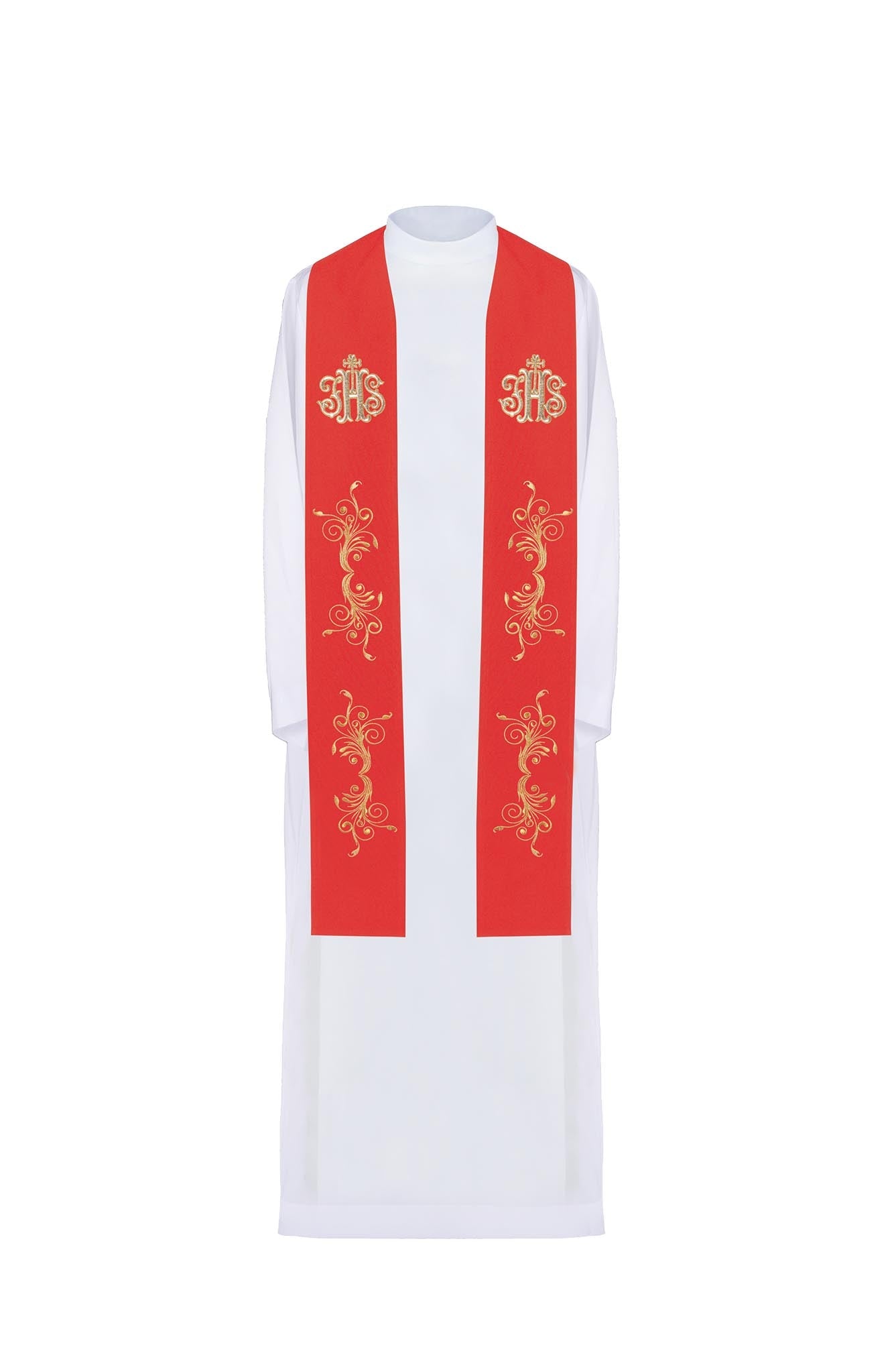 Red priestly stole embroidered with IHS