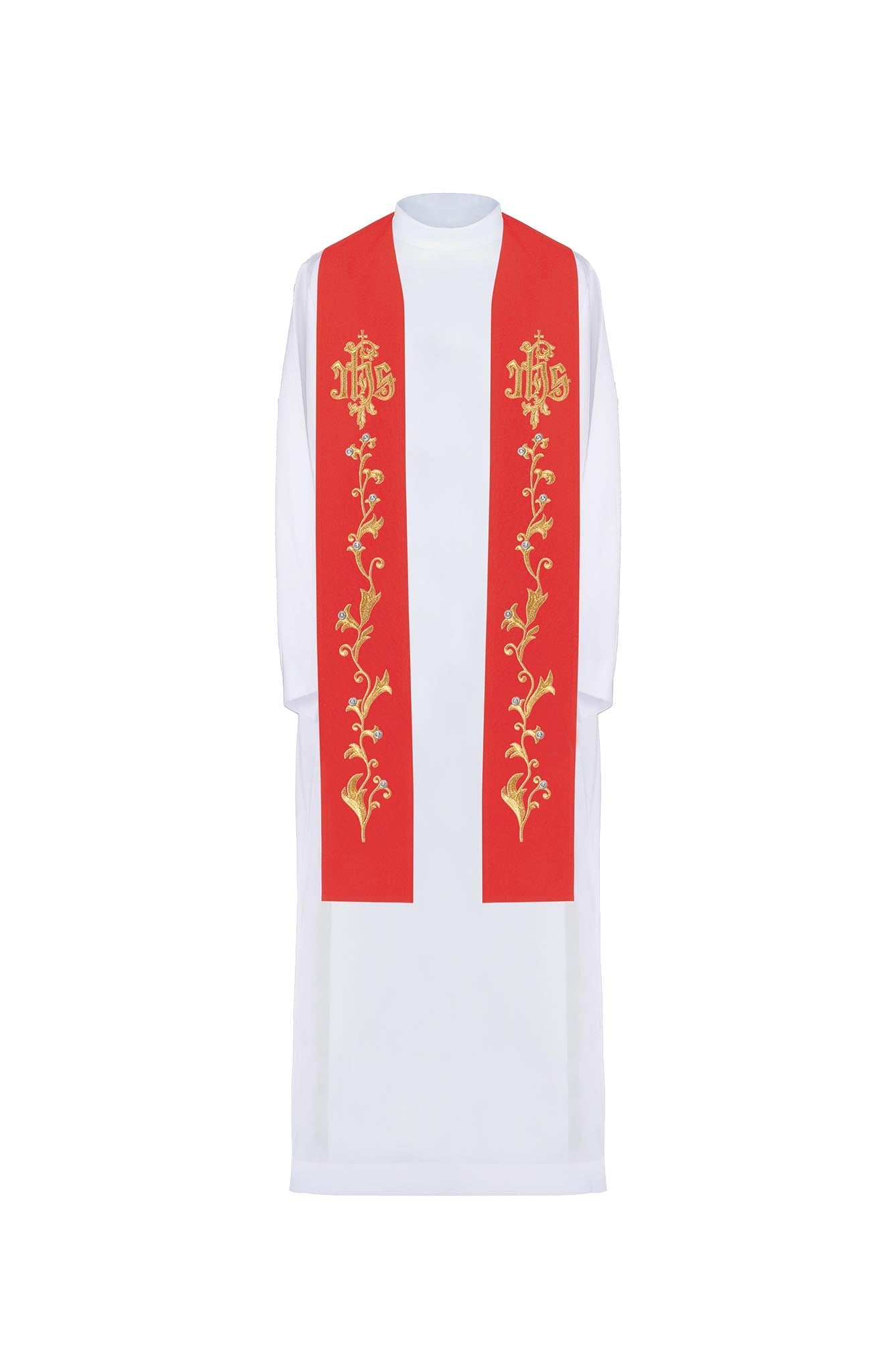 Red priestly stole embroidered with IHS on a cross - HAFTINAUSA.COM