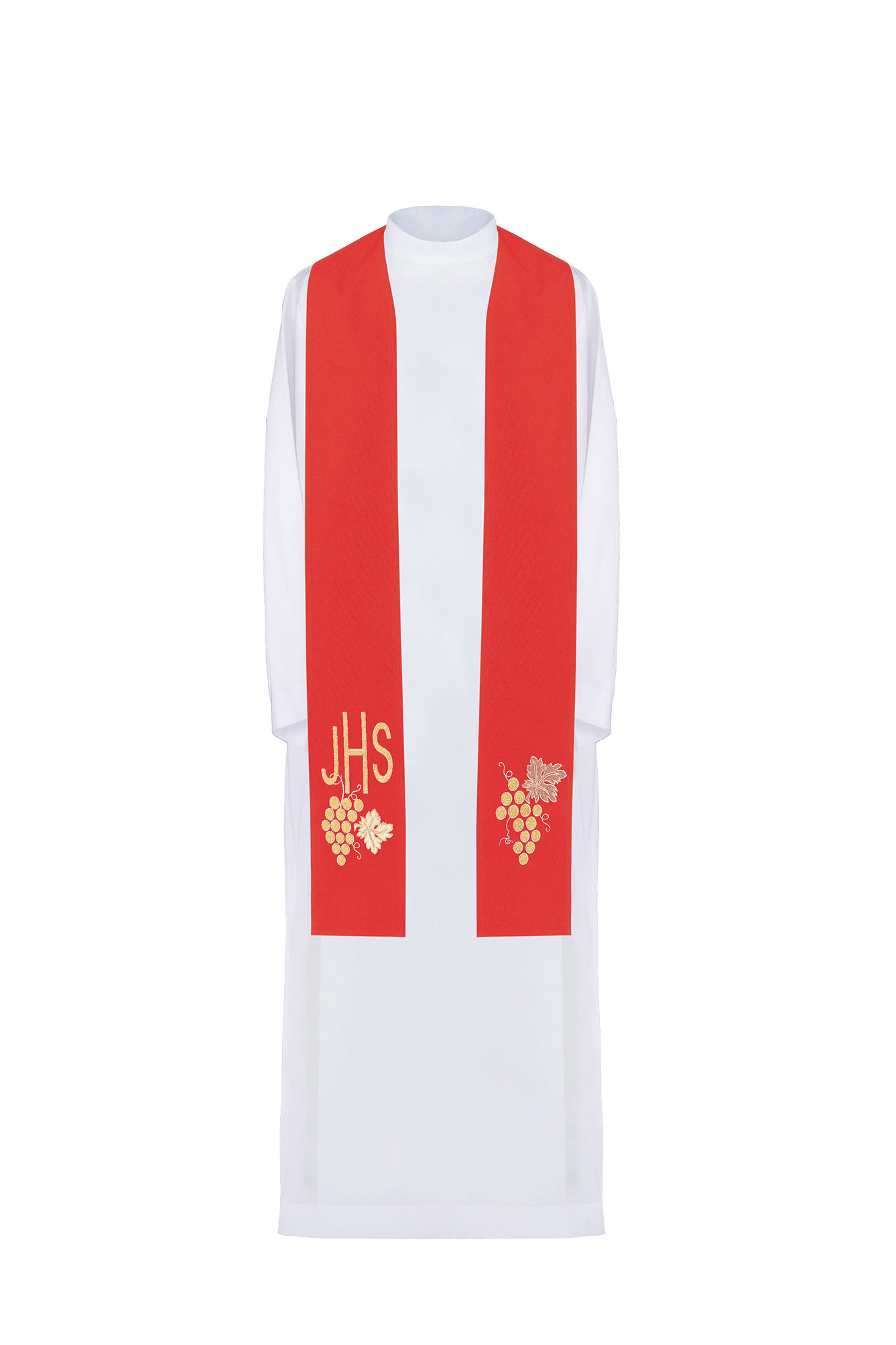 Red priestly stole embroidered with IHS and grapes