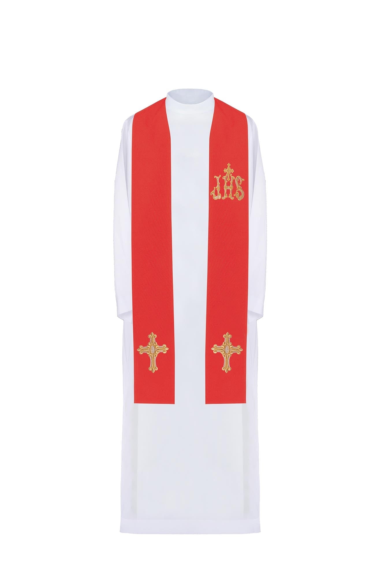 Red priestly stole embroidered with a Cross and IHS