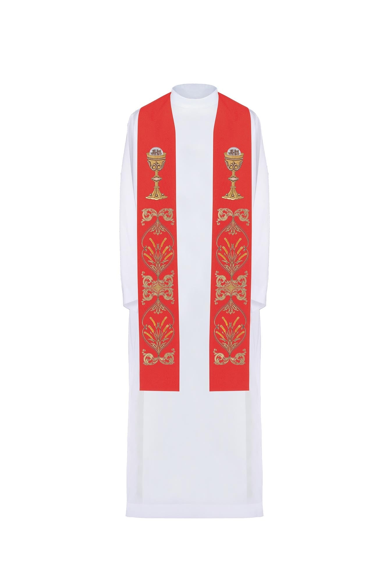 Red priestly stole with chalice IHS