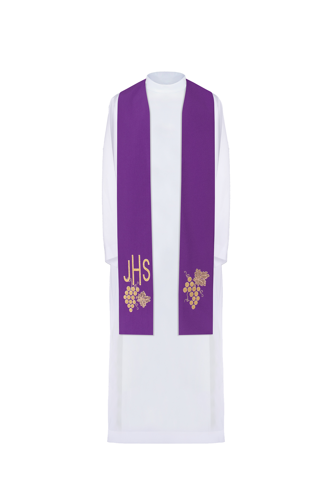 Purple priestly stole embroidered with IHS and grapes