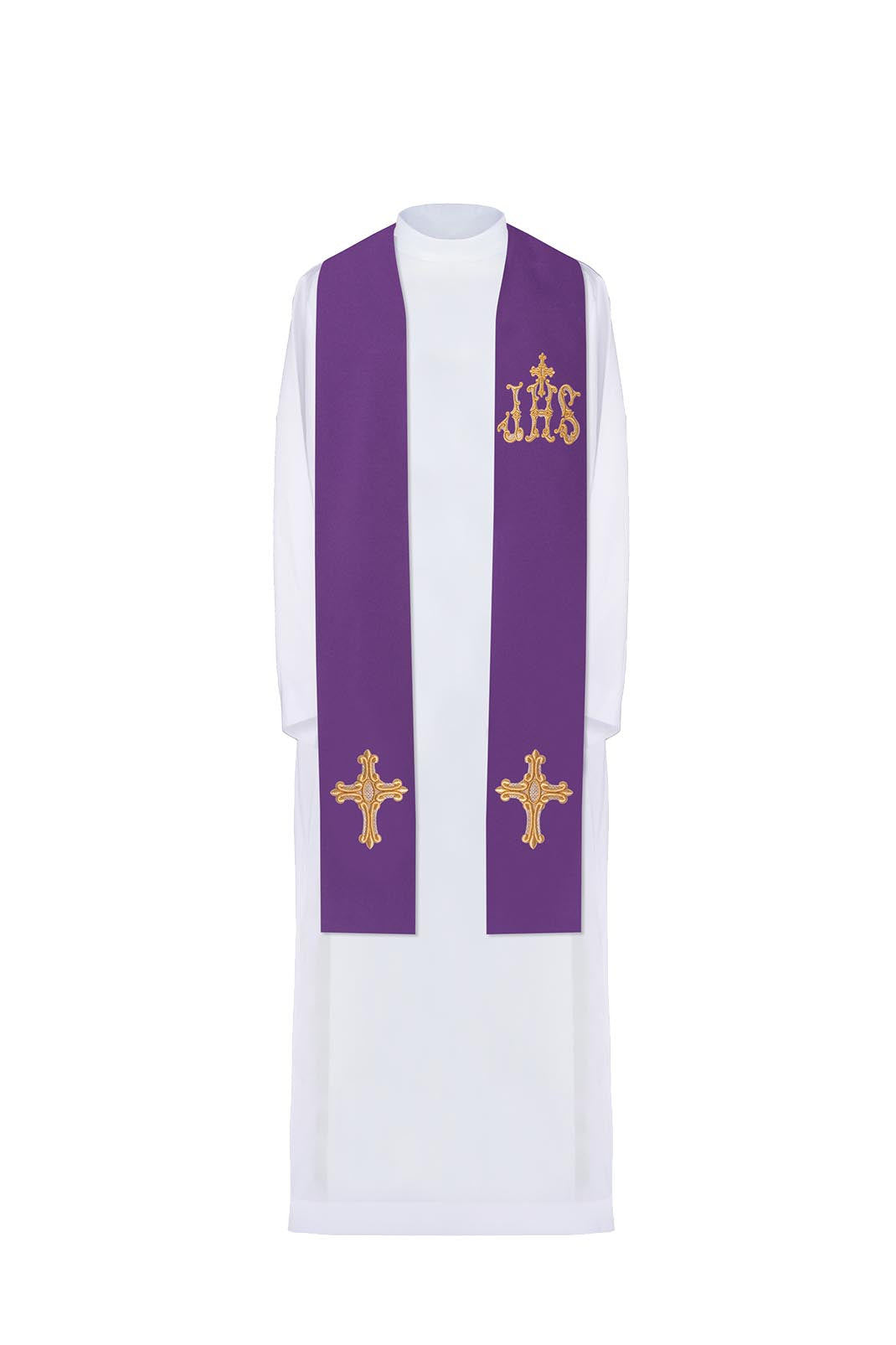 Purple priestly stole embroidered with a cross and IHS