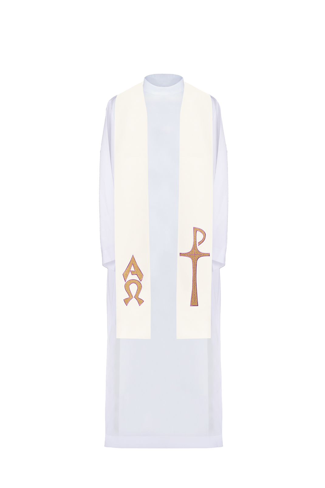 Ecru priestly stole embroidered with Alpha and Omega