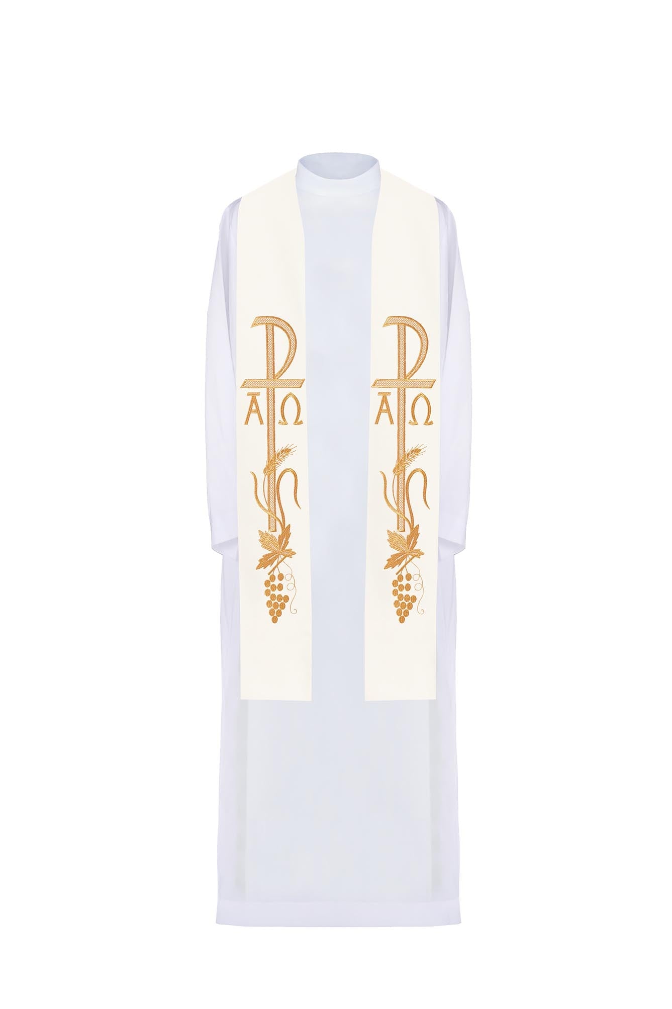 Ecru priestly stole embroidered with Alpha and Omega