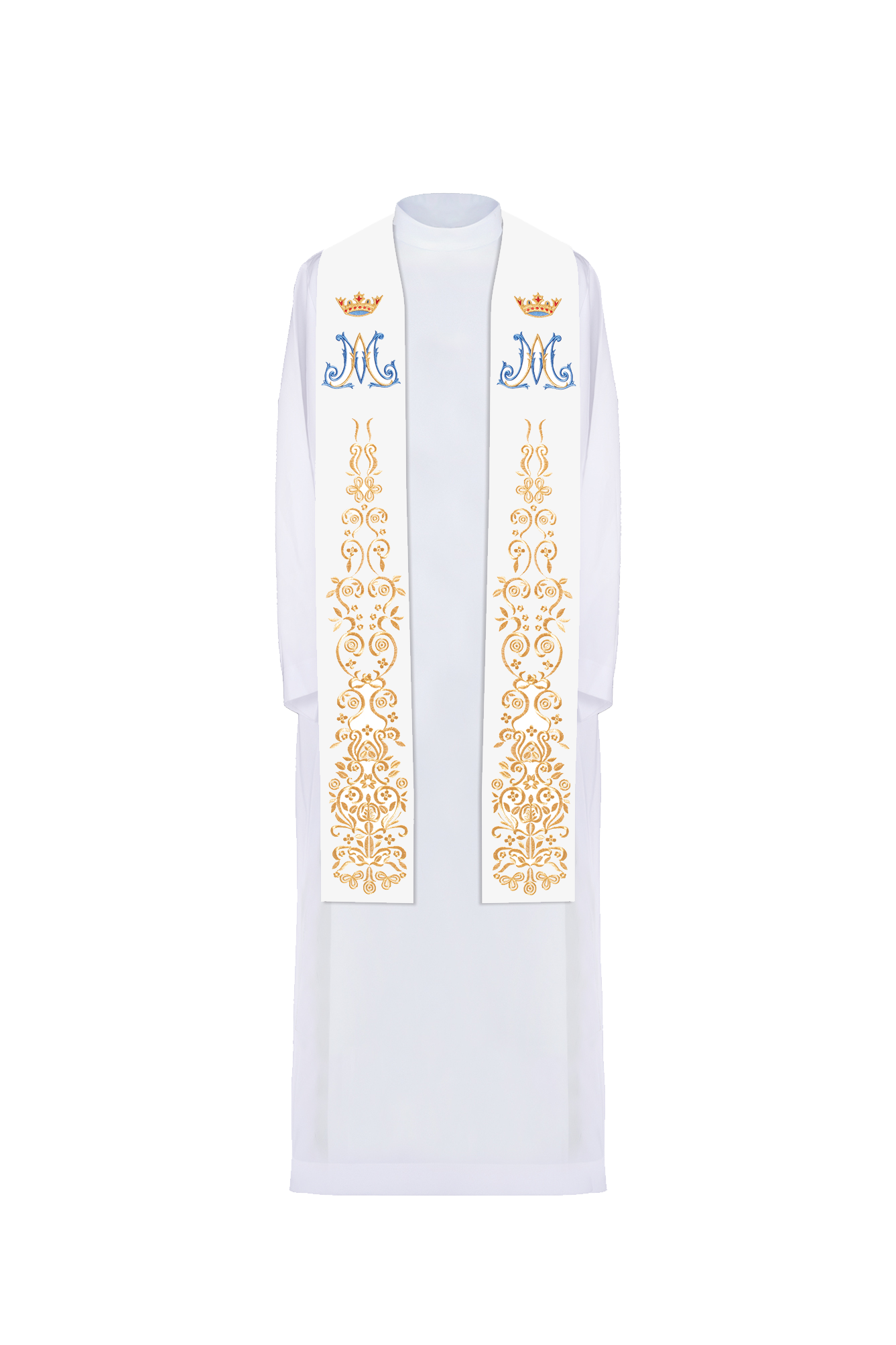 White embroidered Marian priestly stole