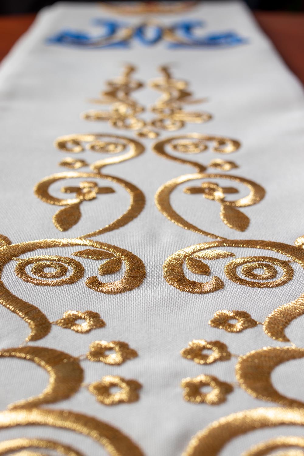 White embroidered Marian priestly stole