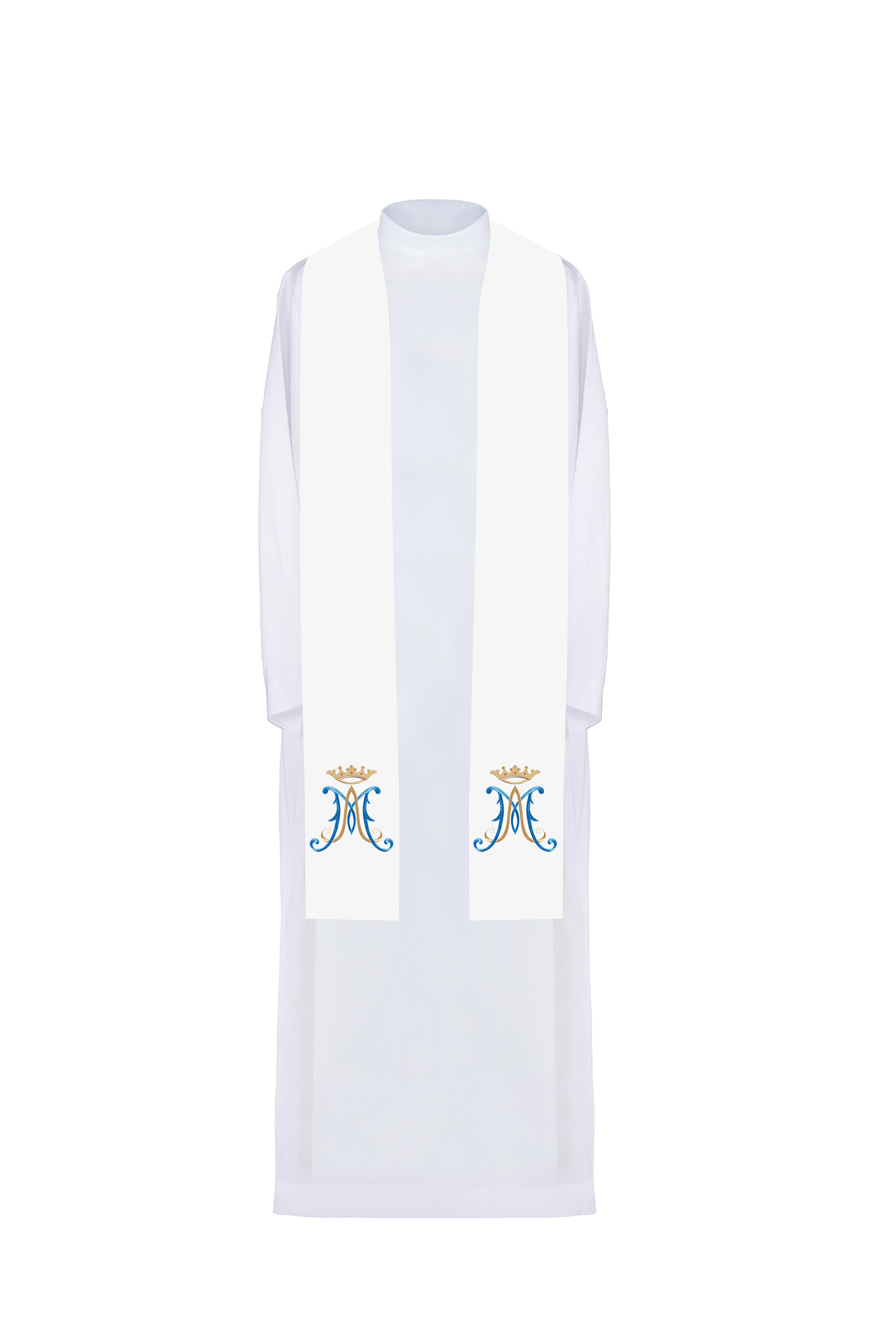 Embroidered Marian priestly stole in white