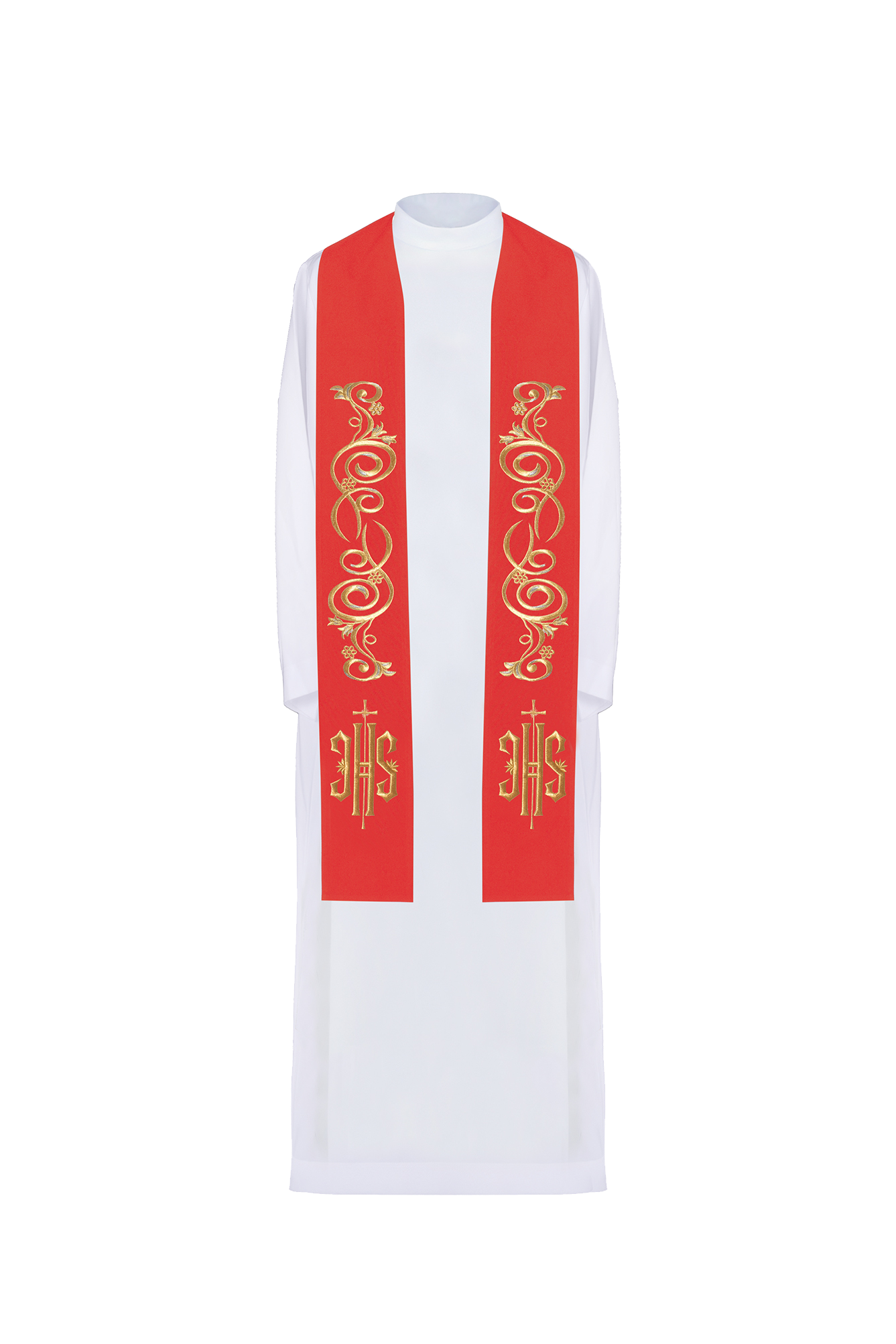 Red priestly stole embroidered with IHS