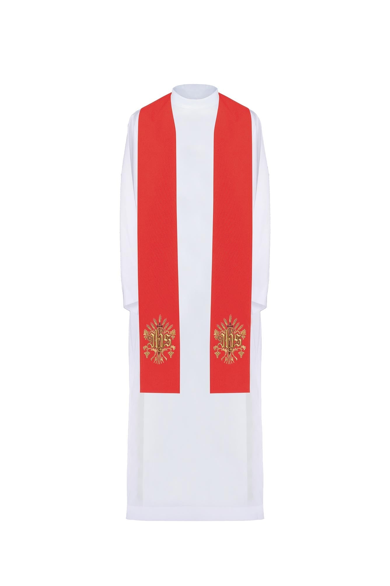 Red priestly stole embroidered with IHS