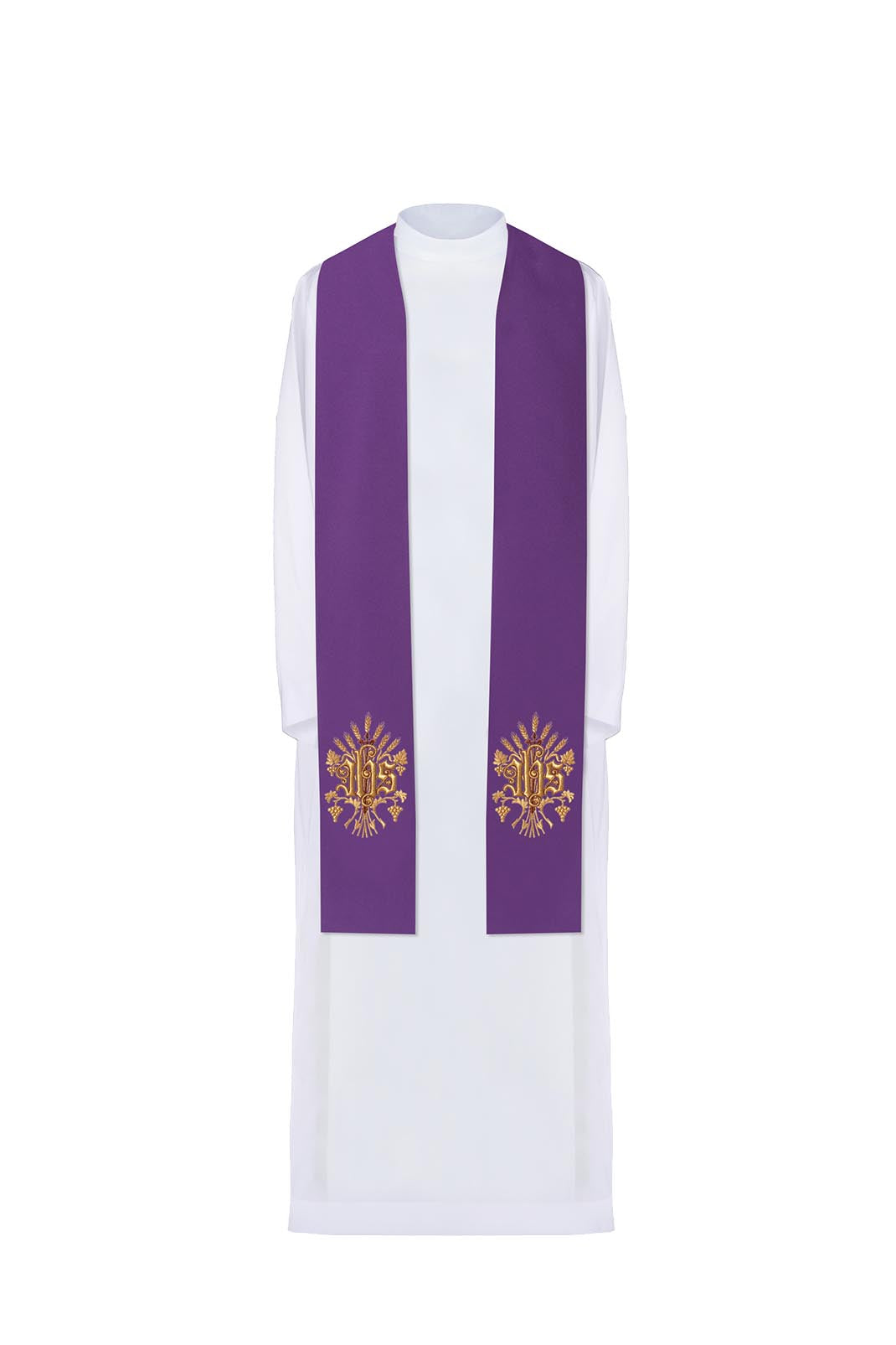 Purple priestly stole embroidered with IHS - HAFTINAUSA.COM