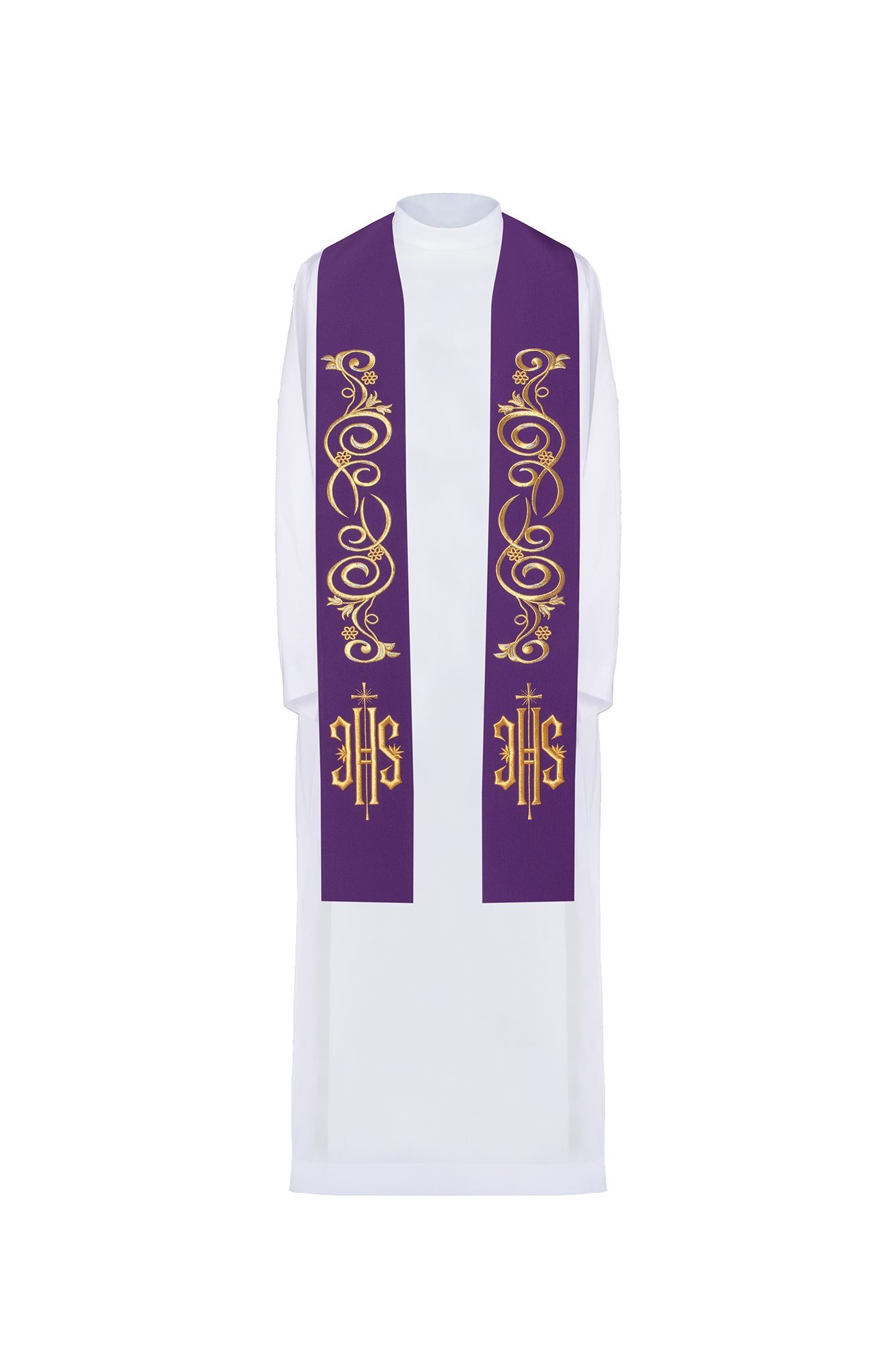 Purple priestly stole embroidered with IHS