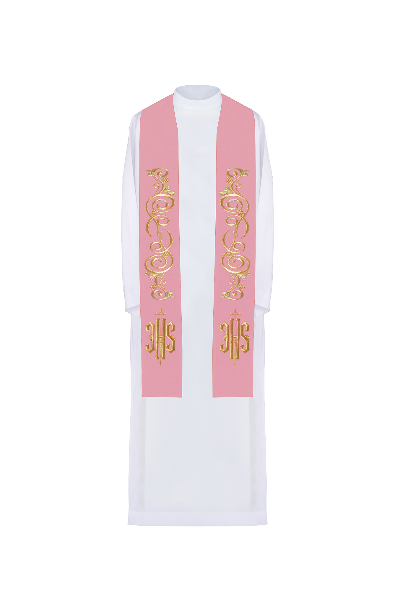 Rose-colored priestly stole embroidered with IHS - HAFTINAUSA.COM