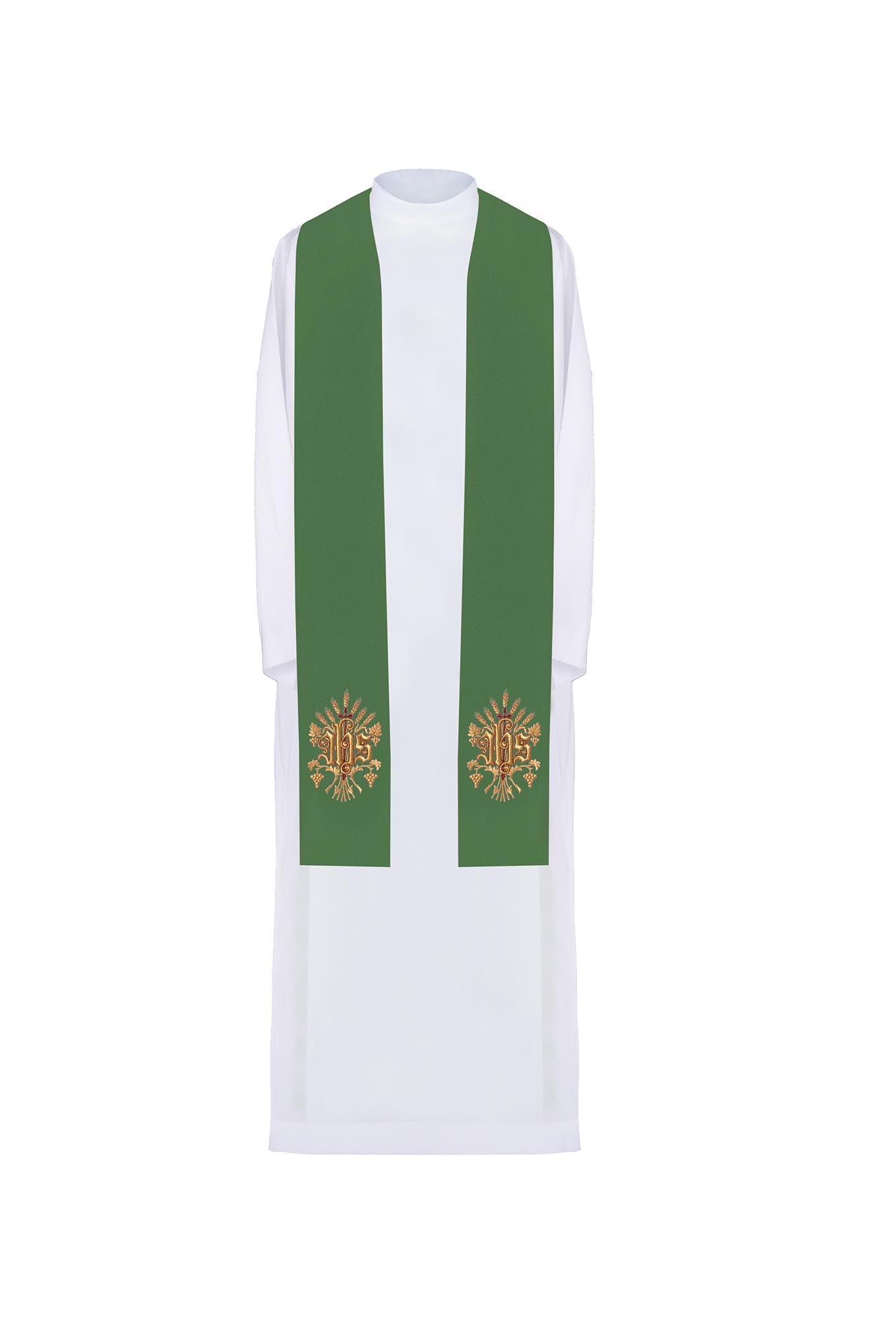 Green priestly stole embroidered with IHS