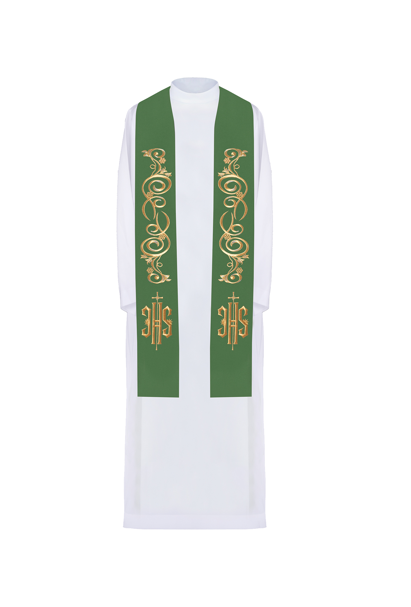 Green priestly stole embroidered with IHS