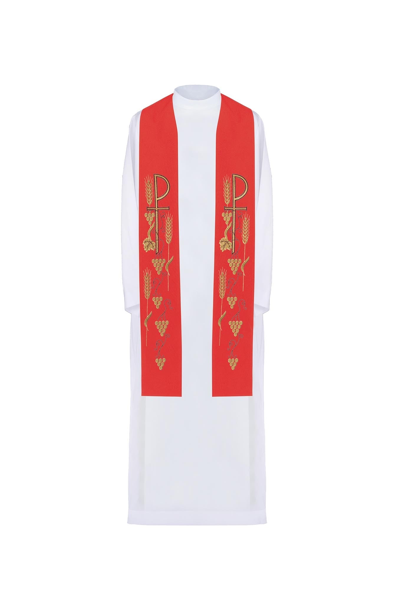 Embroidered priestly stole with cross and grapes in red - HAFTINAUSA.COM