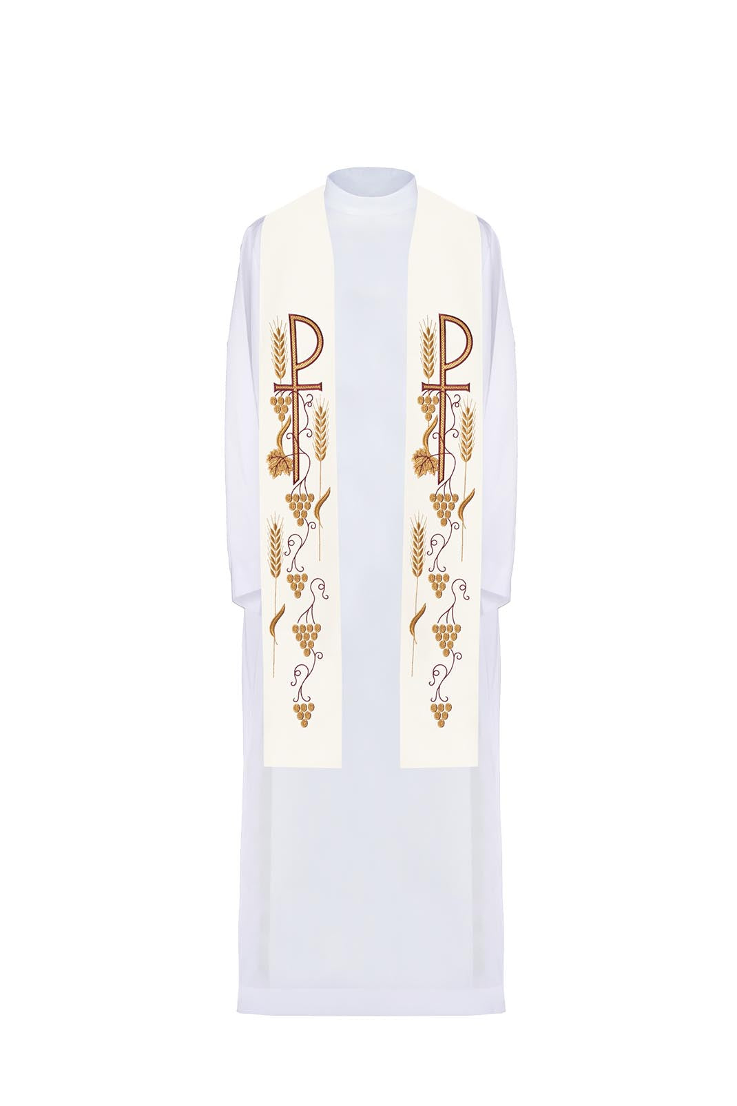 Embroidered priestly stole with cross and grapes in ecru