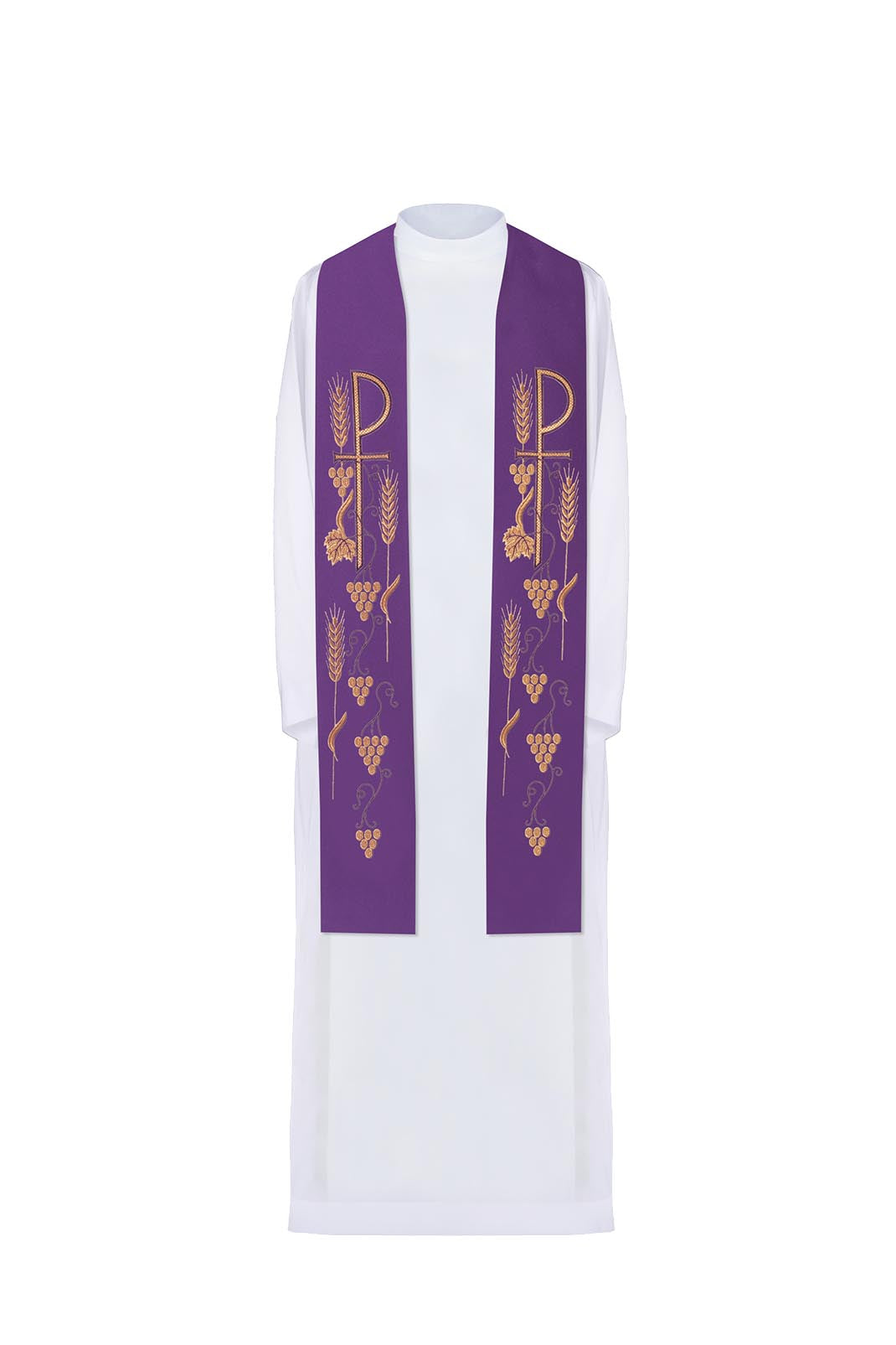 Embroidered priestly stole with cross and grapes in purple