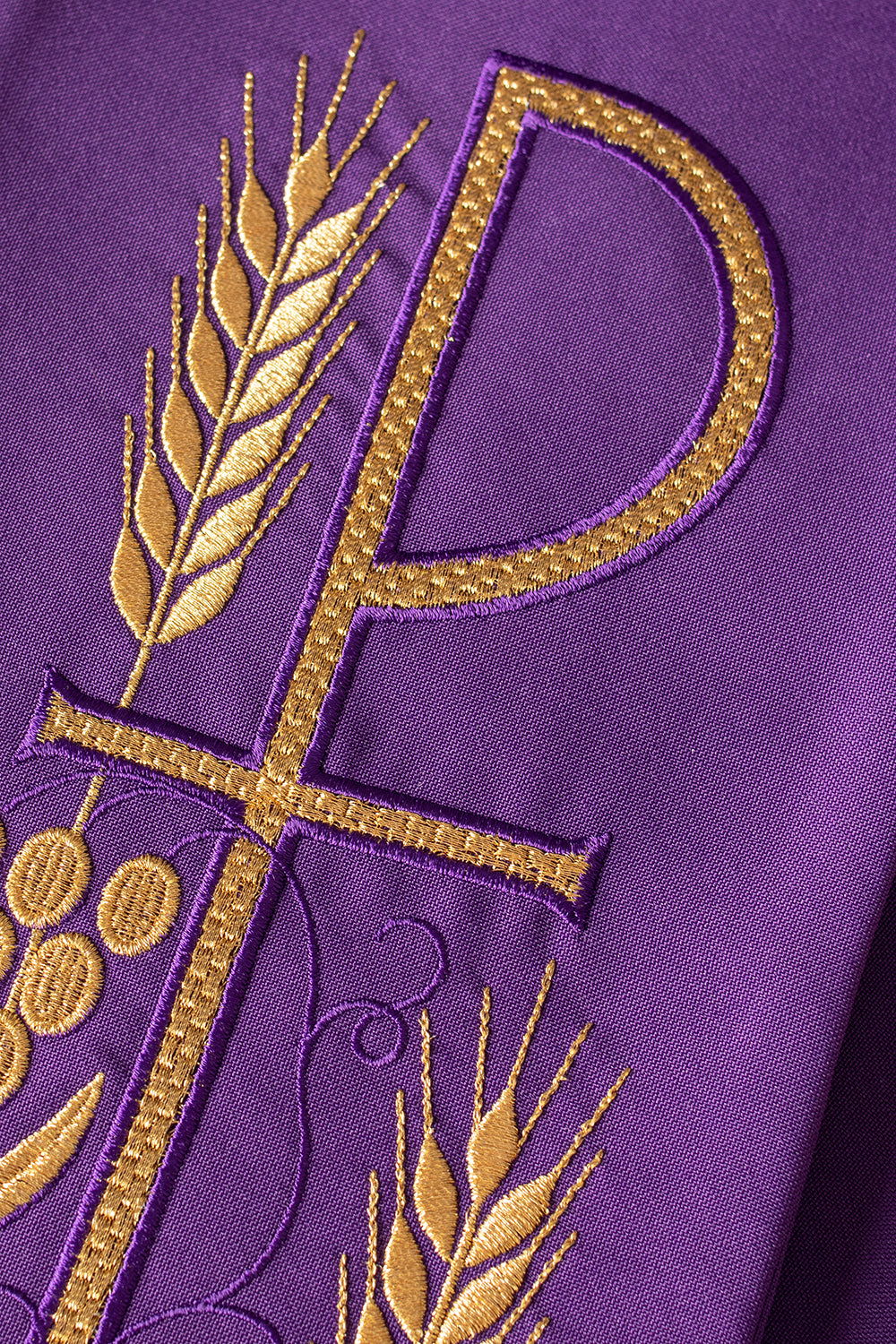 Embroidered priestly stole with cross and grapes in purple