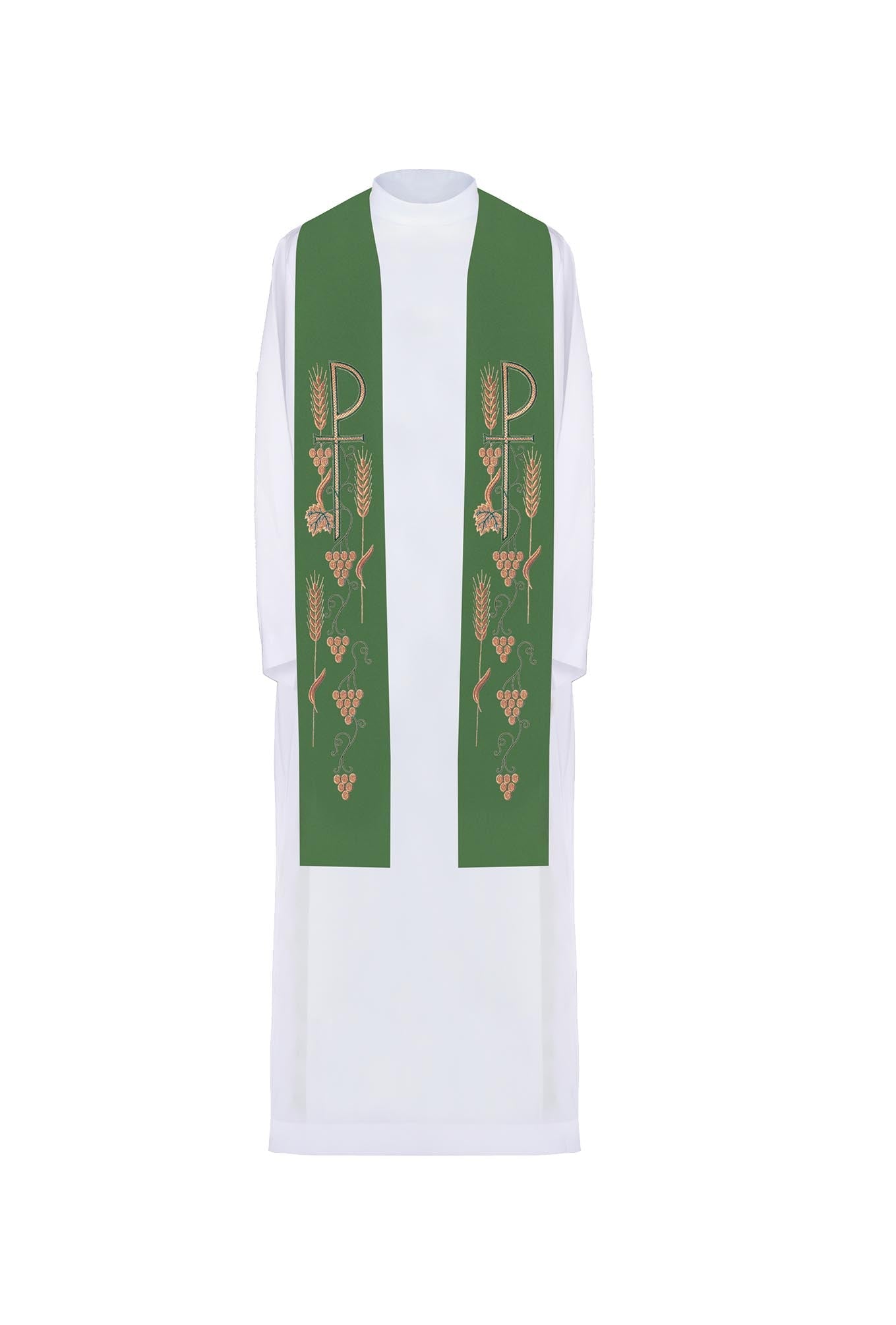 Embroidered priestly stole with cross and grapes in green