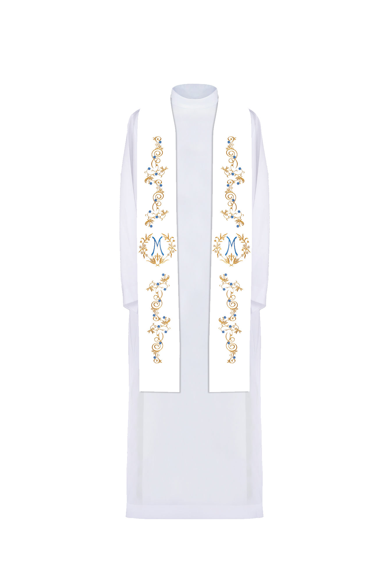 White embroidered Marian priestly stole