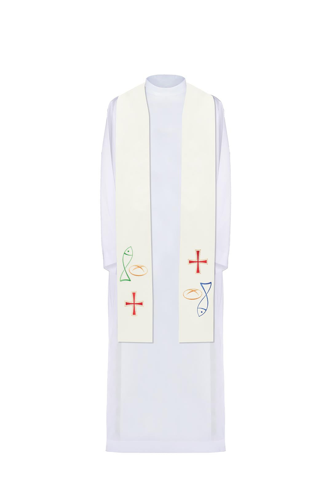 Embroidered priestly stole with Bread Cross Fish motif in ecru - HAFTINAUSA.COM