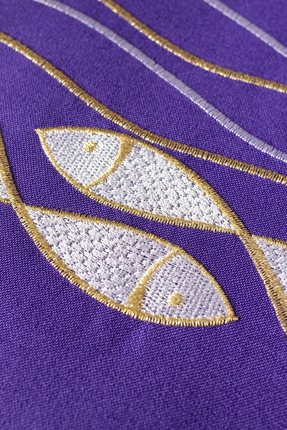 Purple priestly stole with embroidered Fish motif