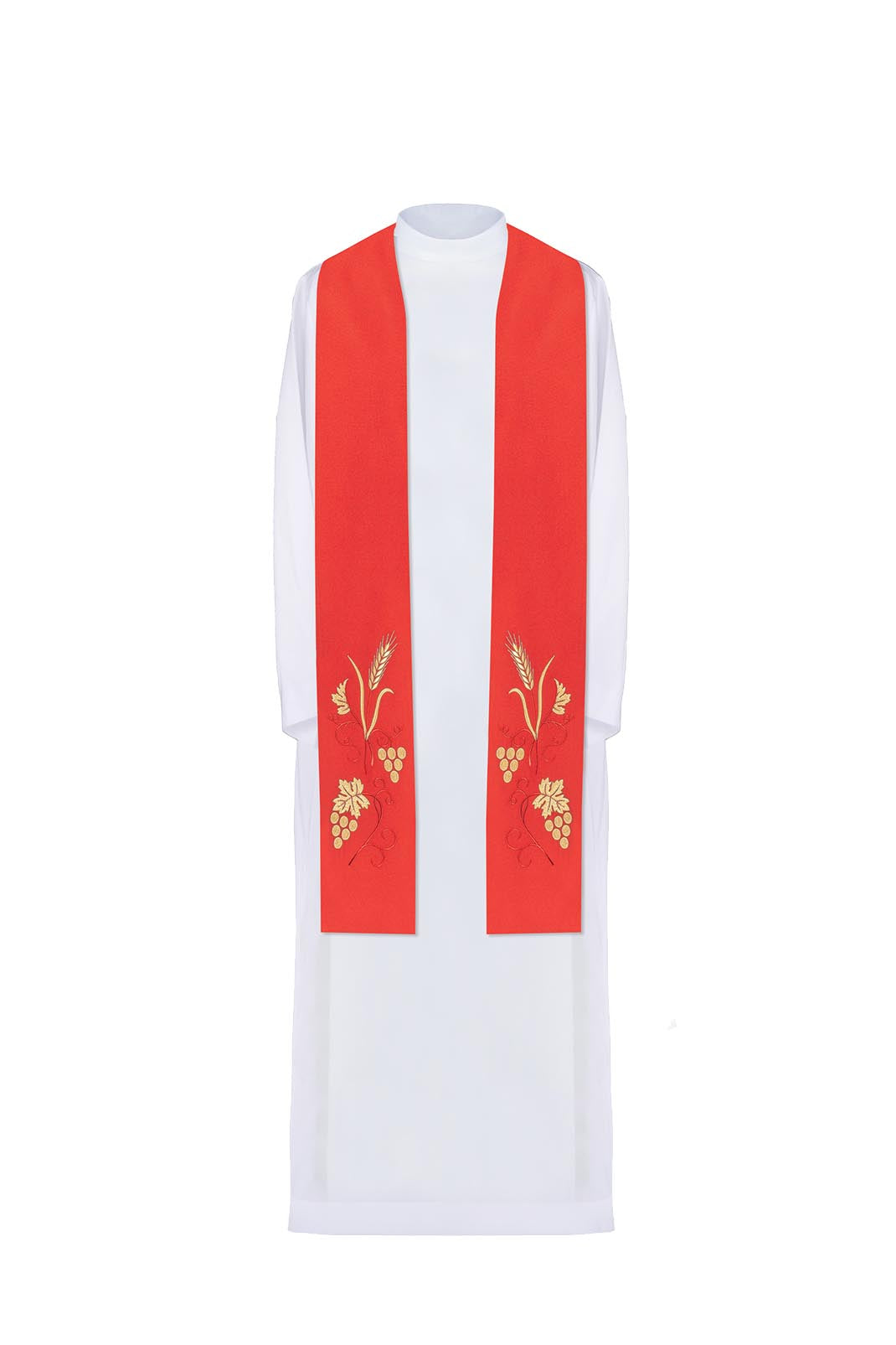 Embroidered priestly stole with grape and wheat motif in red - HAFTINAUSA.COM