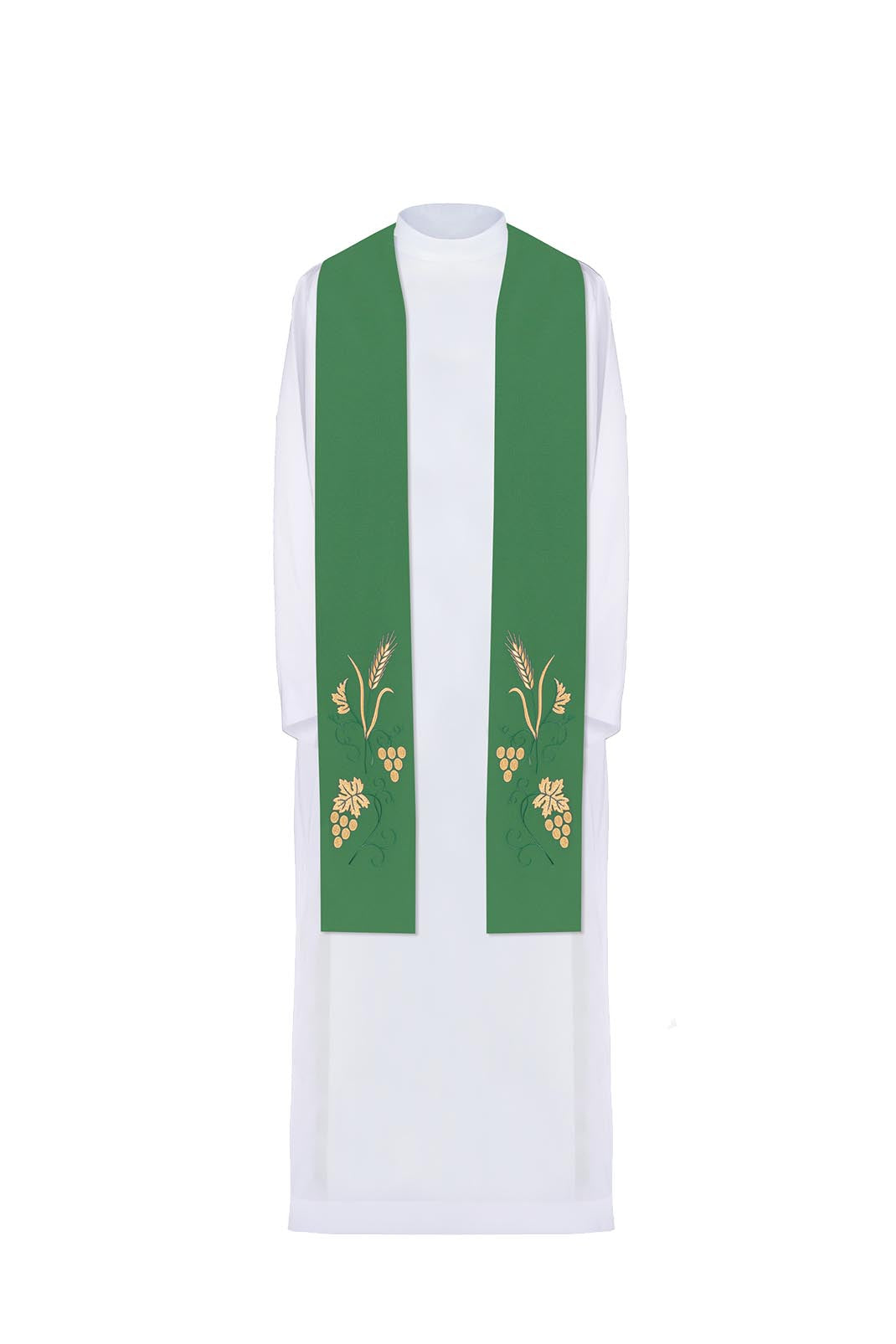 Embroidered priestly stole with grape and wheat motif in green - HAFTINAUSA.COM