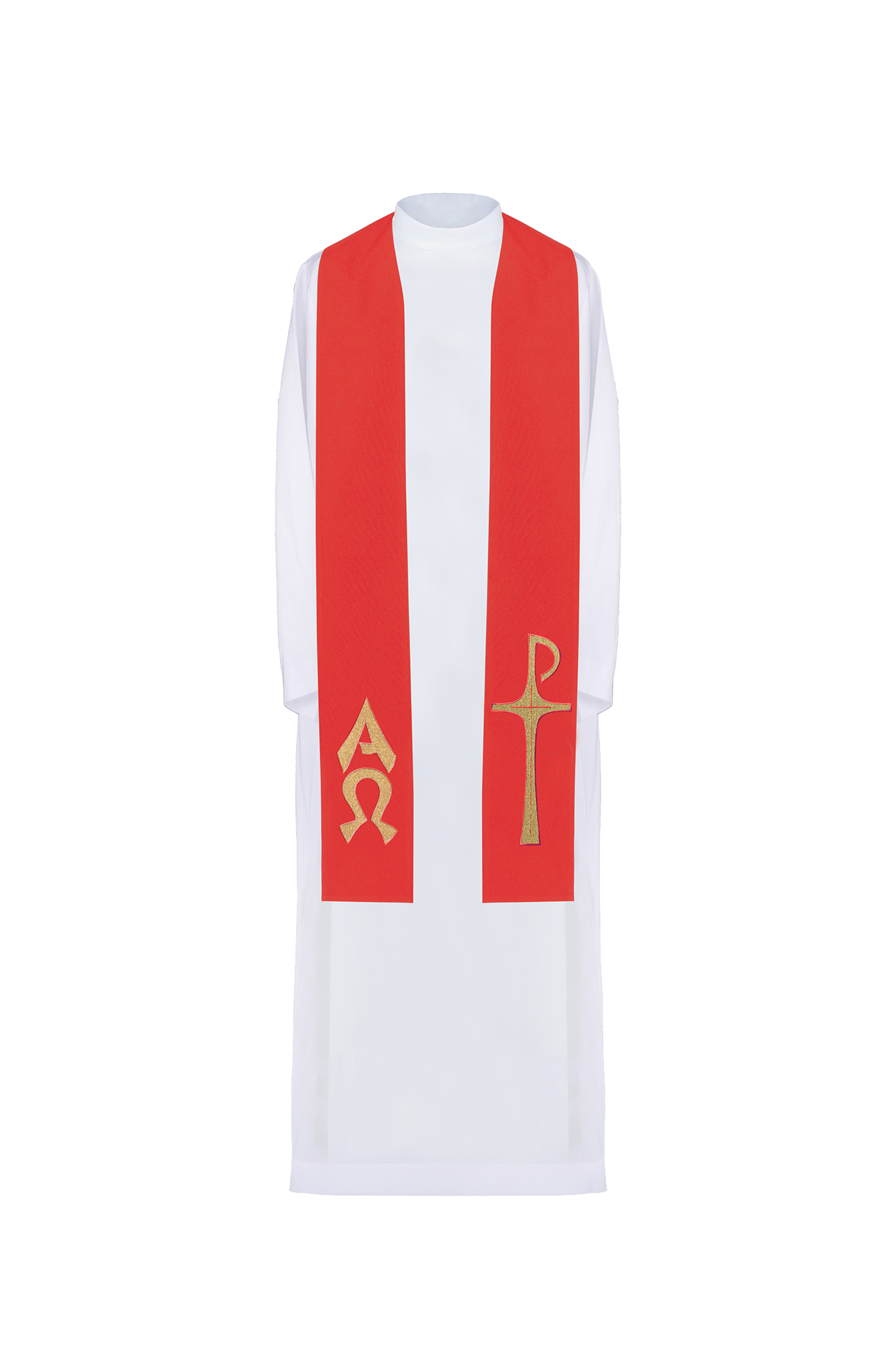 Red priestly stole embroidered with Alpha and Omega