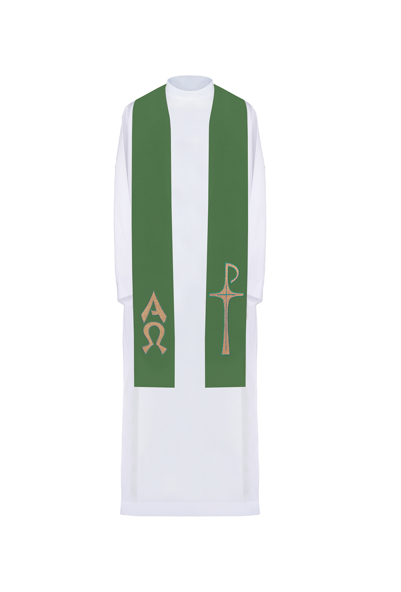 Green priestly stole embroidered with Alpha and Omega