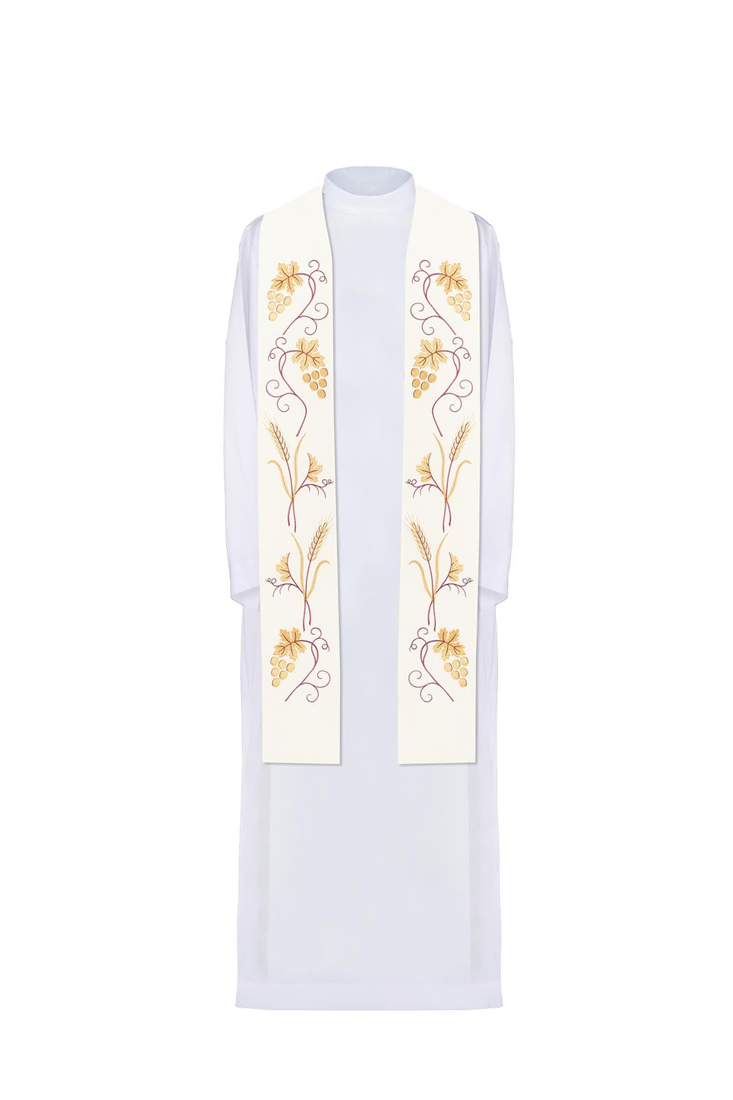 Embroidered priestly stole with grape and wheat motif in ecru