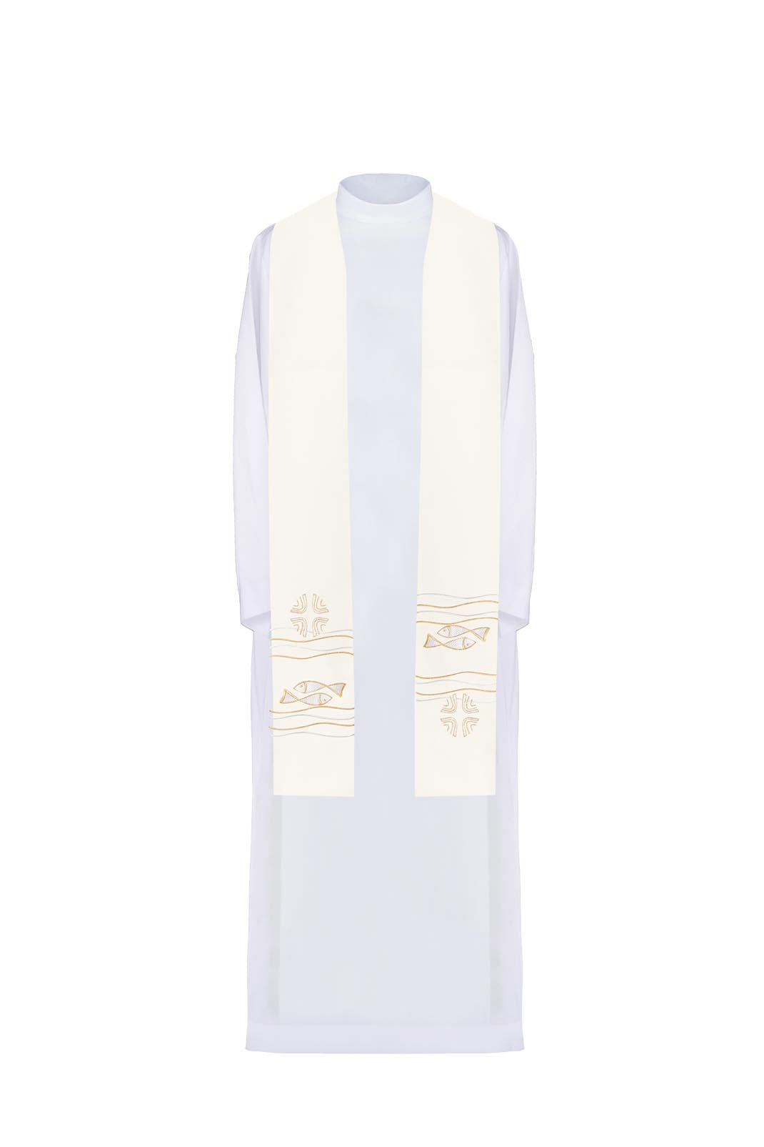 Embroidered priestly stole with Fish motif in ecru