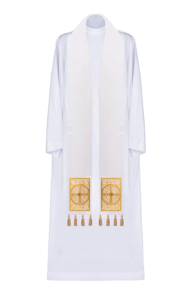 Embroidered priestly stole adorned with tassels in ecru