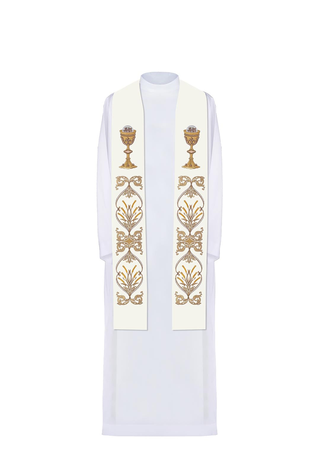 Ecru priestly stole with chalice IHS