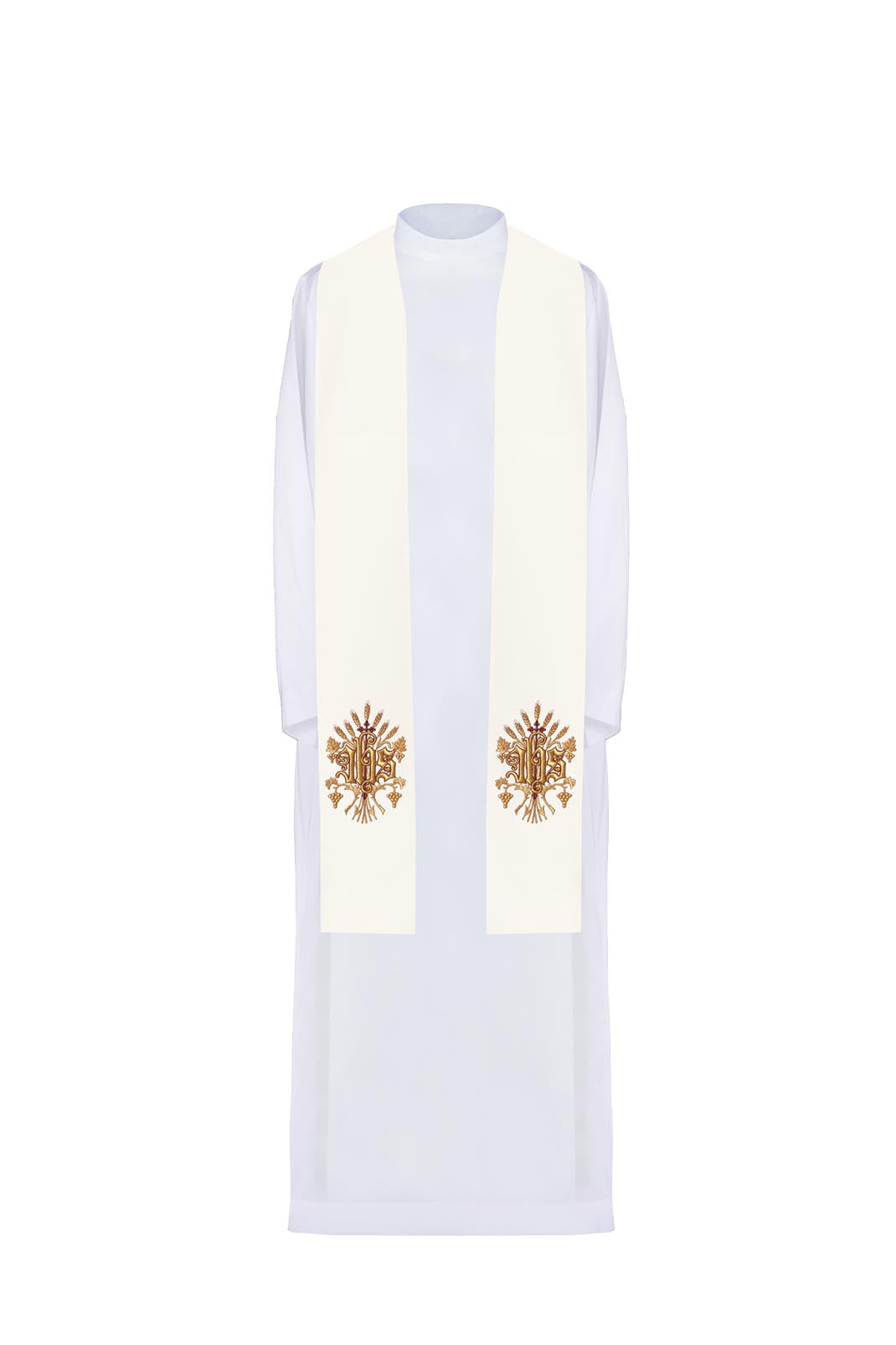 Ecru priestly stole with IHS embroidery - HAFTINAUSA.COM