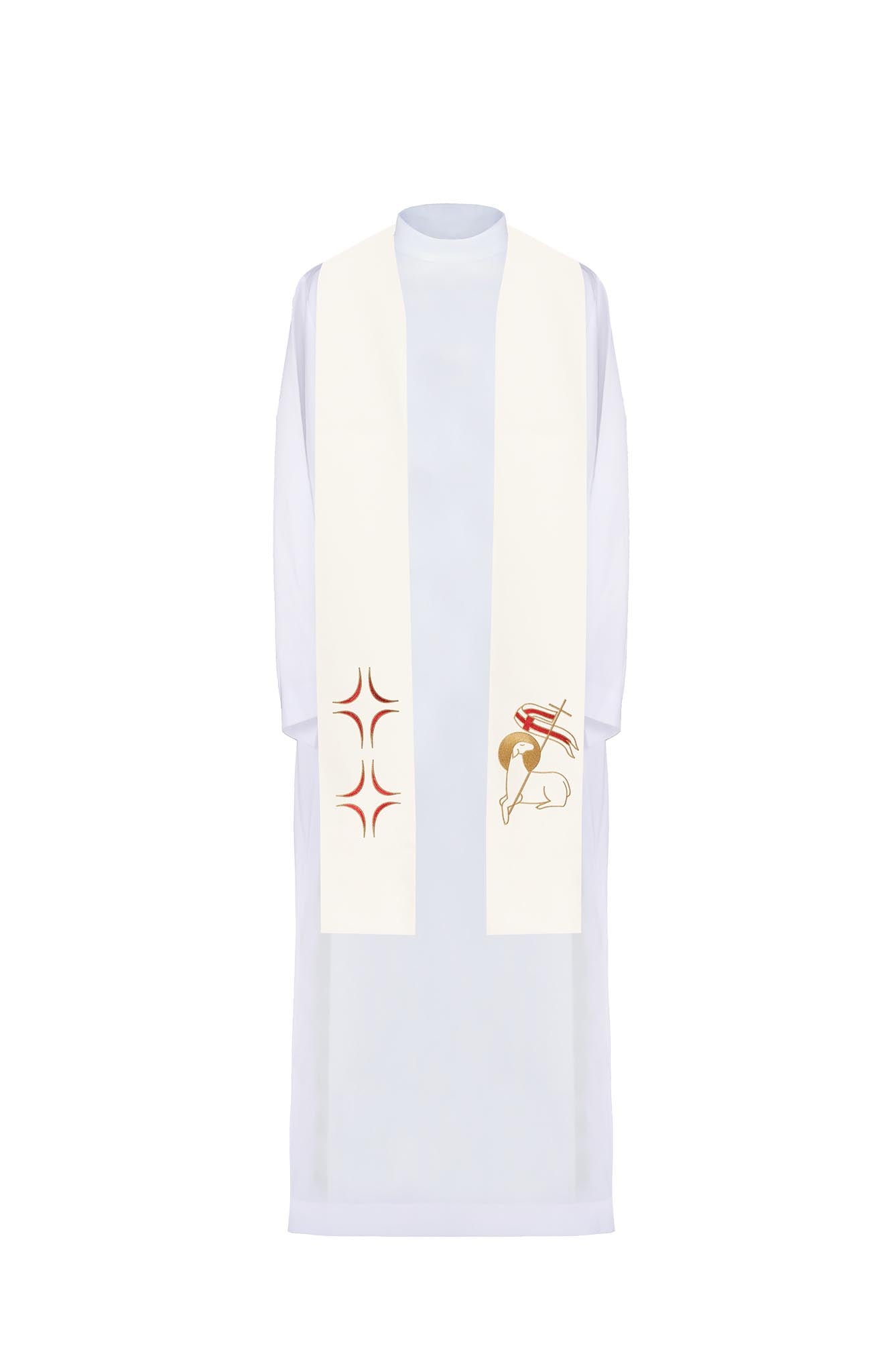 Priestly stole with embroidered Cross and Lamb in ecru