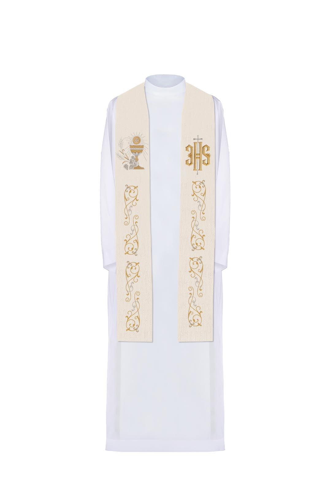 Priest's stole with embroidered IHS and Eucharistic chalice ecru - HAFTINAUSA.COM