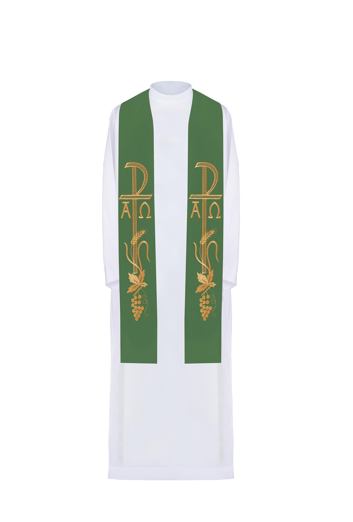 Green priestly stole embroidered Alpha and Omega