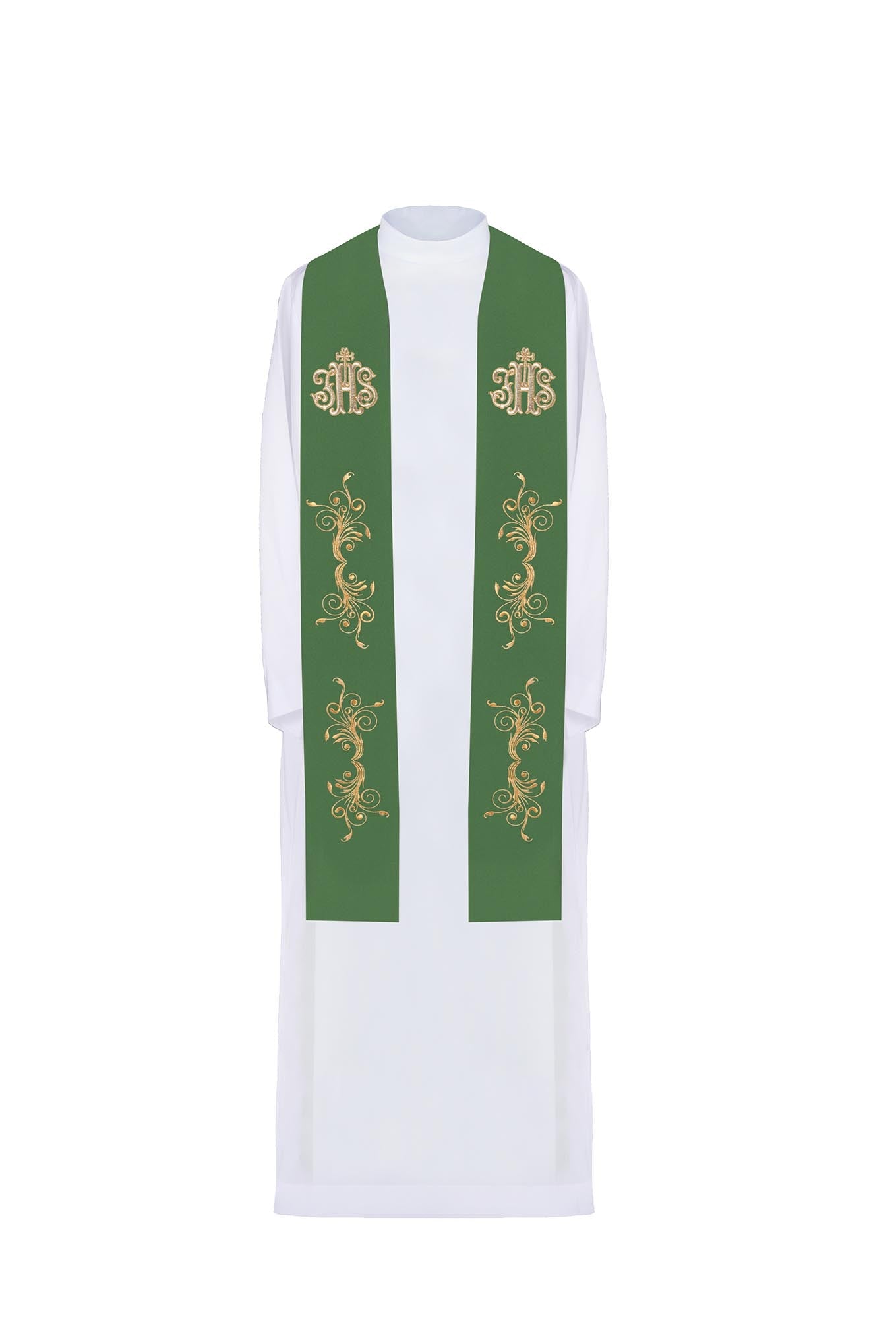 Green priestly stole embroidered IHS