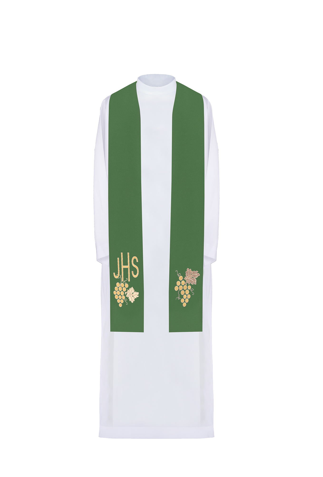 Green priestly stole embroidered IHS with grapes