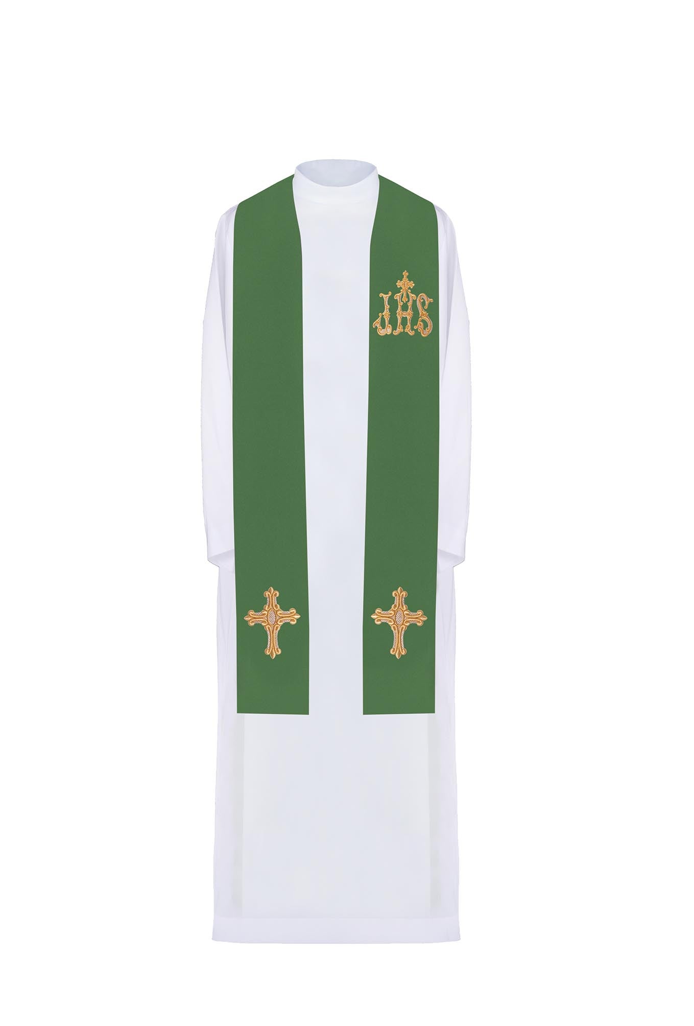 Green priestly stole embroidered cross and IHS