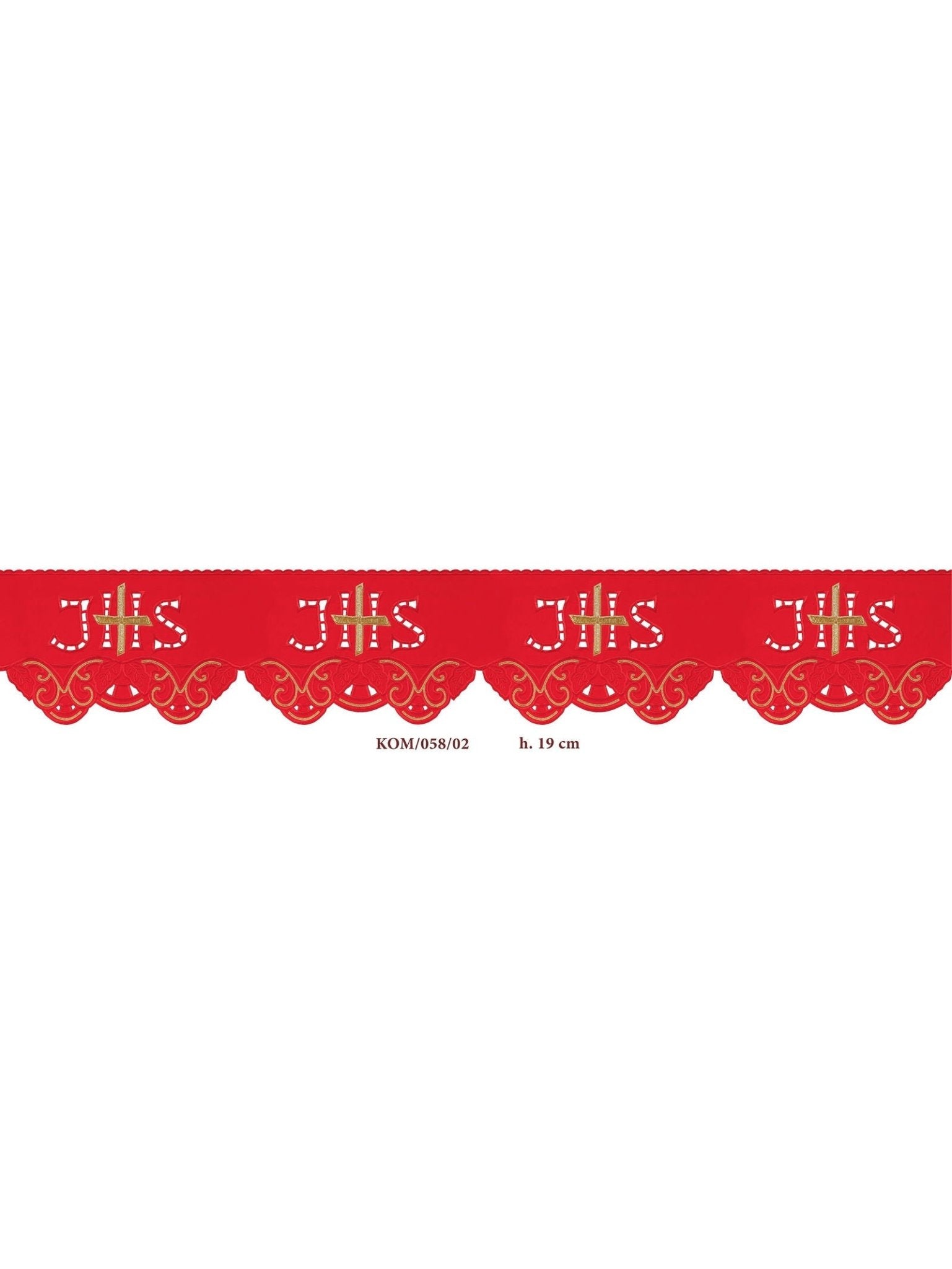 Trimmings with front embroidery IHS Cross Red KOM/058/02 19cm 3,5m - HAFTINAUSA.COM